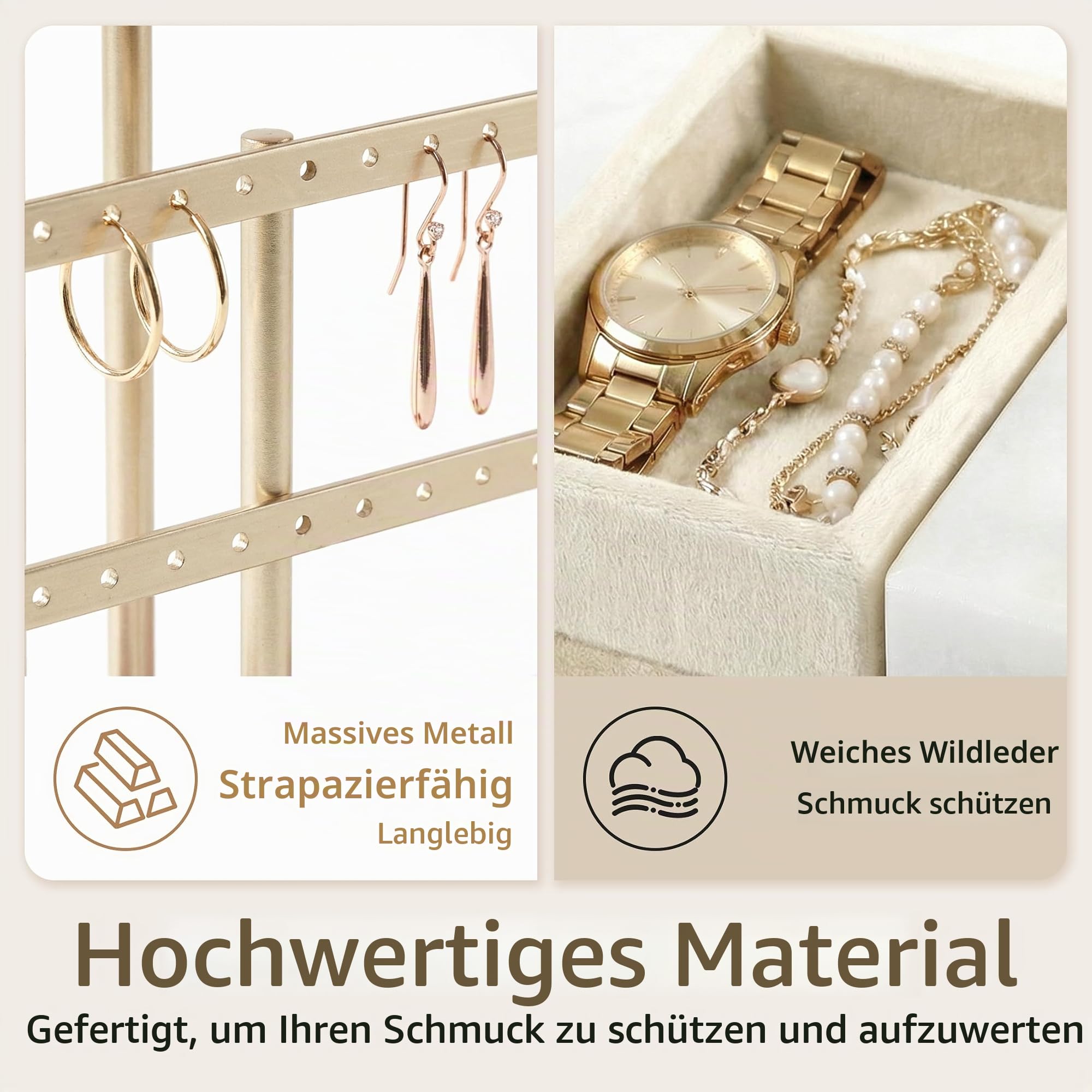 KES Schmuckständer Marmor mit schwerem Marmorsockel, 3-stufiger Schmuckhalter Organizer für Armbänder, Halsketten, Ohrringe, Ringe und Uhren, T-Bar Schmuckaufbewahrung Display, Beige, JTR500-WH