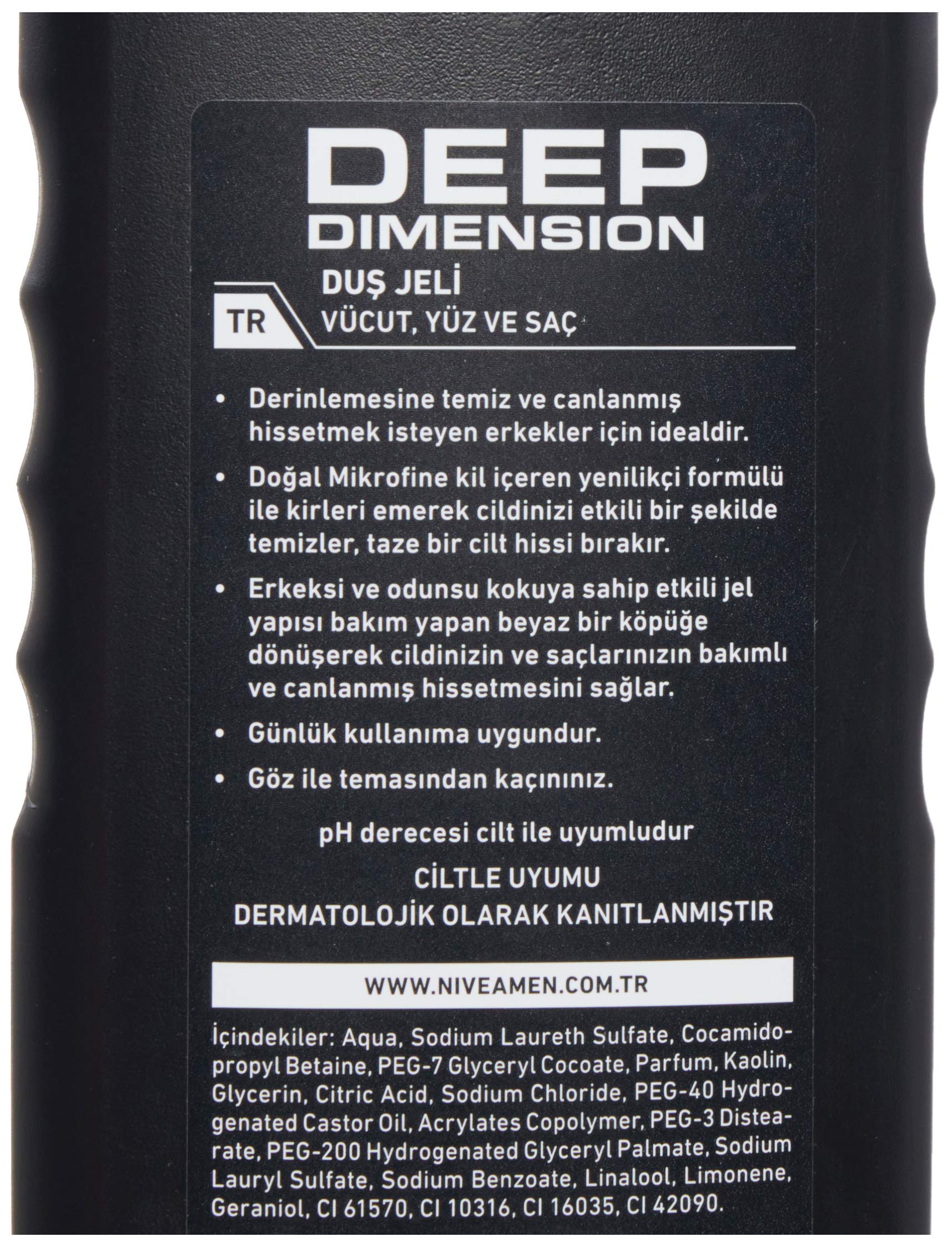 NIVEA MEN Erkek Deep Dimension Duş Jeli 500 ml,Derinlemesine Temizlik,Bakımlı Cilt,Vücut,Yüz ve Saç İçin,Ferah Koku,Aktif Karbon (2 paketi)