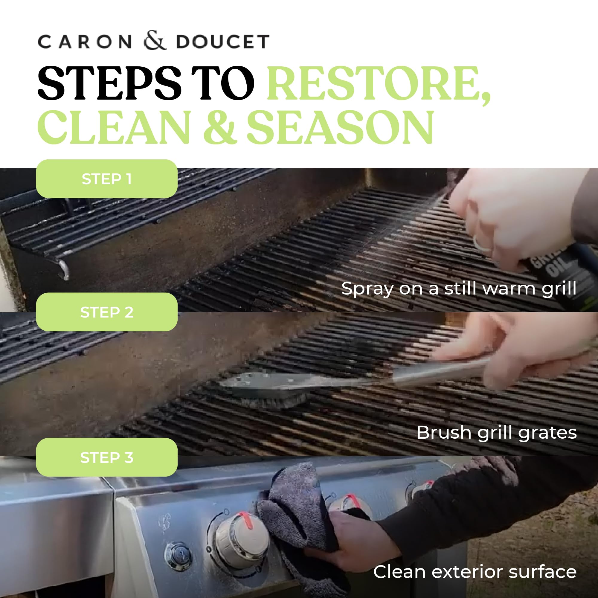 Caron & Doucet - Aceite limpiador para parrillas de barbacoa, 100% a base de plantas y vegano, ideal para limpiar parrillas y rejillas de barbacoa, uso con raspadores de madera, cepillos, accesorios
