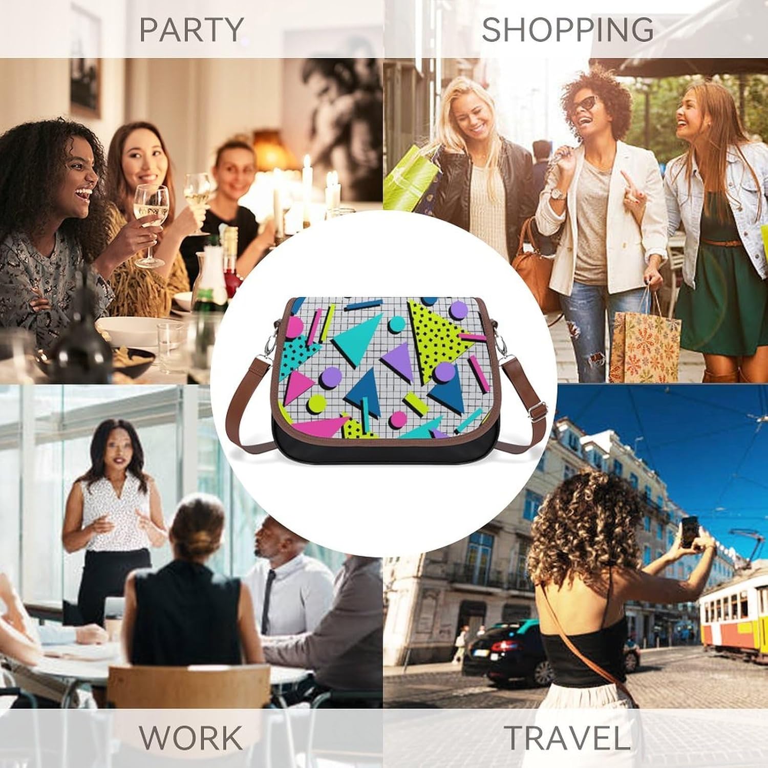 Fashion 80s PatternWomen's Faux Leather Crossbody Bag, Waterproof Wrinkle-Resistant Shoulder Bag with Detachable Strap, Large Capacity Casual Handbag, Fashion Daily Purse for Shopping Work Dating, Ide