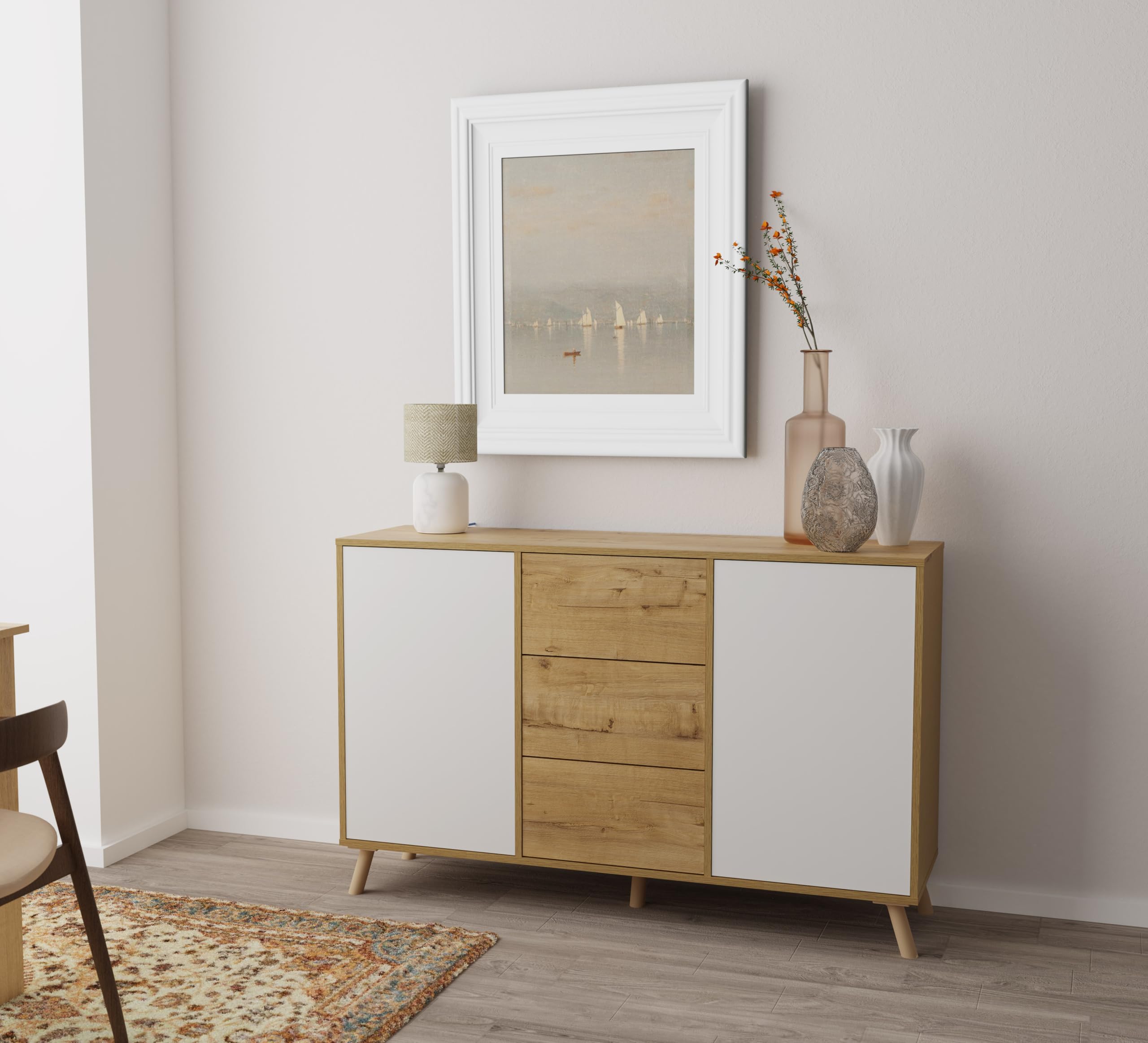 Aparador Salón Comedor, Buffet, Mueble Auxiliar, 2 puertas y 3 Cajones, Roble Gold con puertas blancas, 89x140x40cm, Despensa, Cocina, Despacho, Tirador Push o Pulsador, Moderno, Nórdico, modelo Oslo