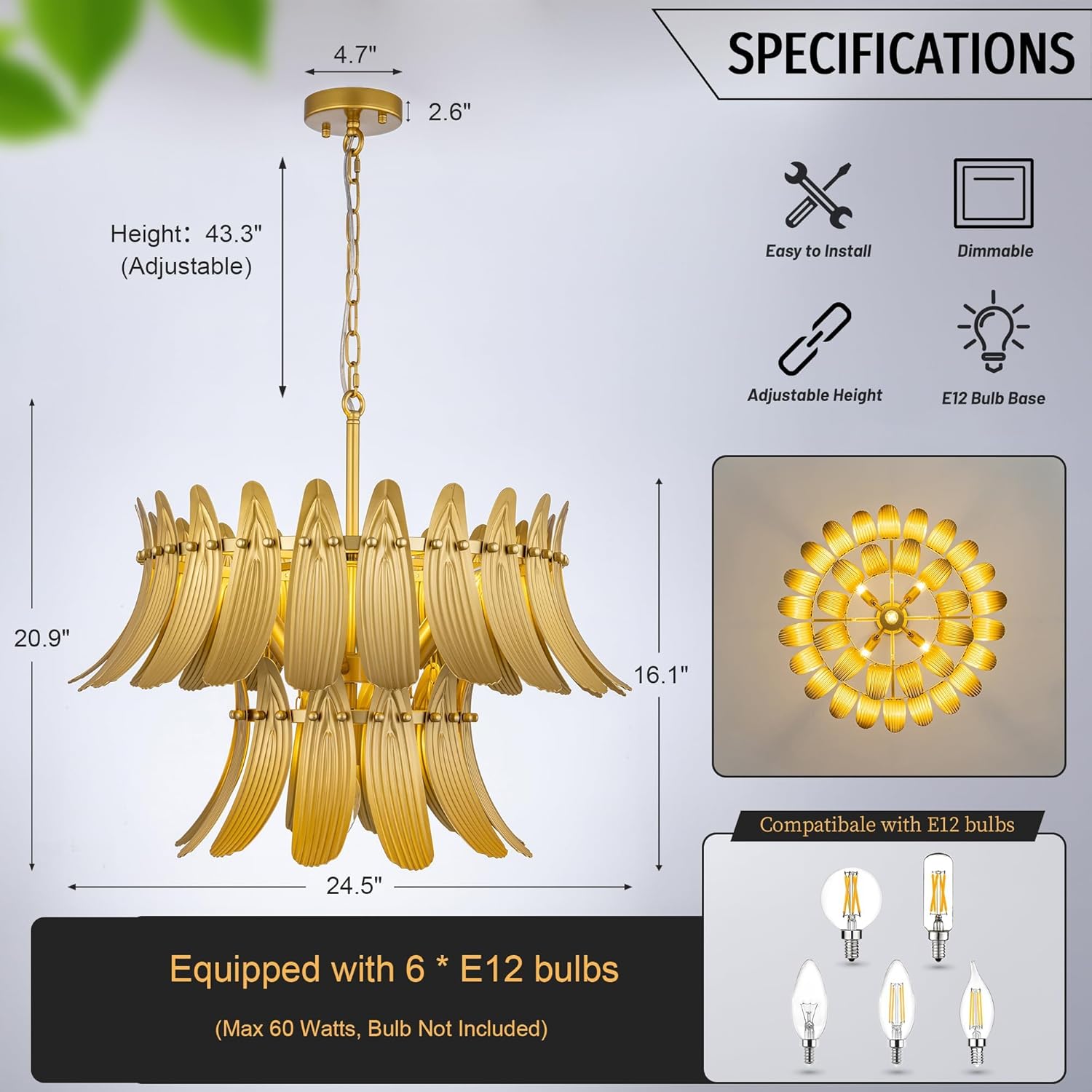 TOCHIC Gold Vintage Chandelier, 5 Lights Rustic Leaf Chandeliers for Dining Room, 24" 2-Tier Ceiling Light Fixture for Living Room, Bedroom, Entryway, Kitchen Island