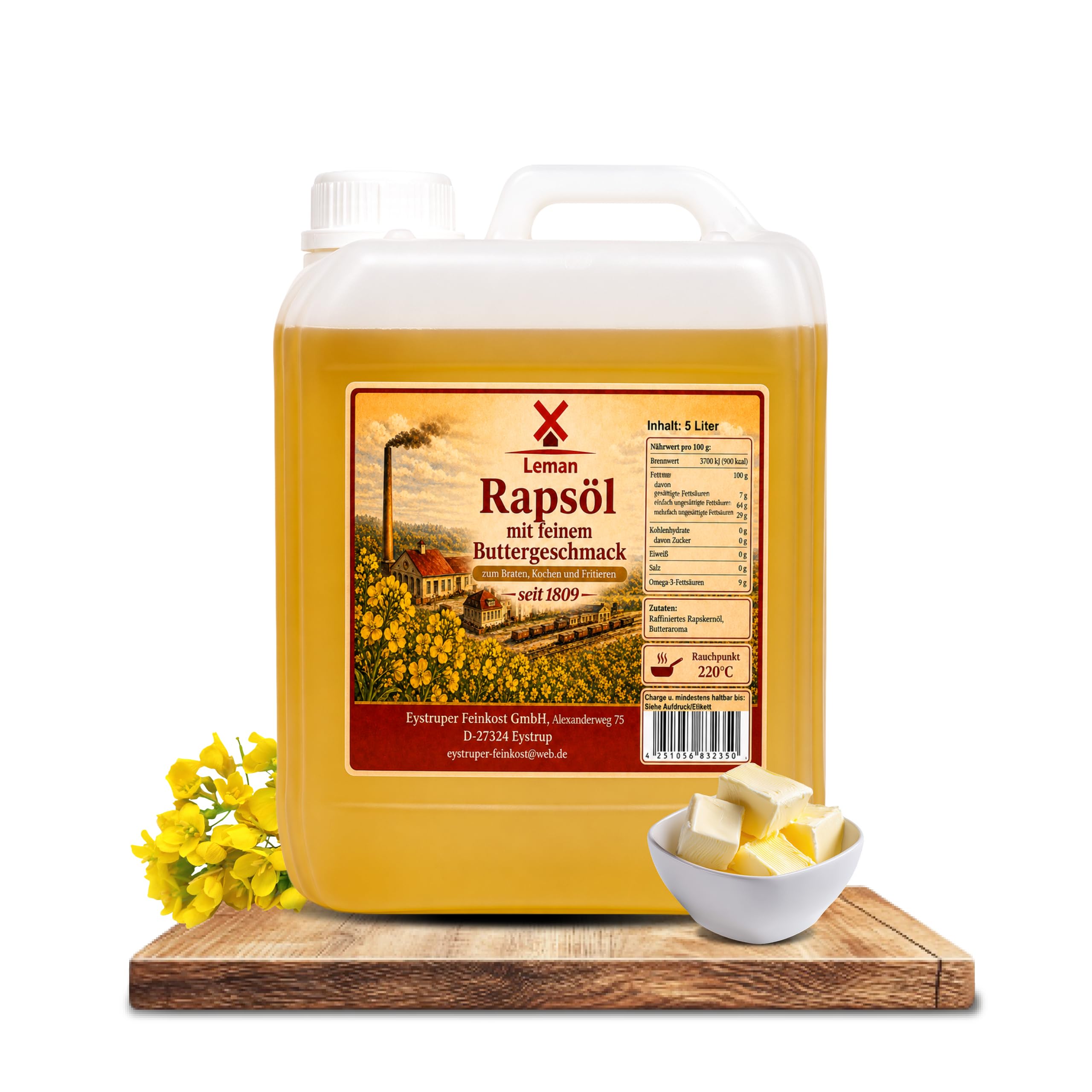 Leman Butterrapsöl (5 Liter Kanister) verschiedene Größen - Veganes Rapsöl mit natürlichem Buttergeschmack – Ideal als Speiseöl, Bratöl, Öl zum Braten – Qualität seit 1809 vom Hersteller