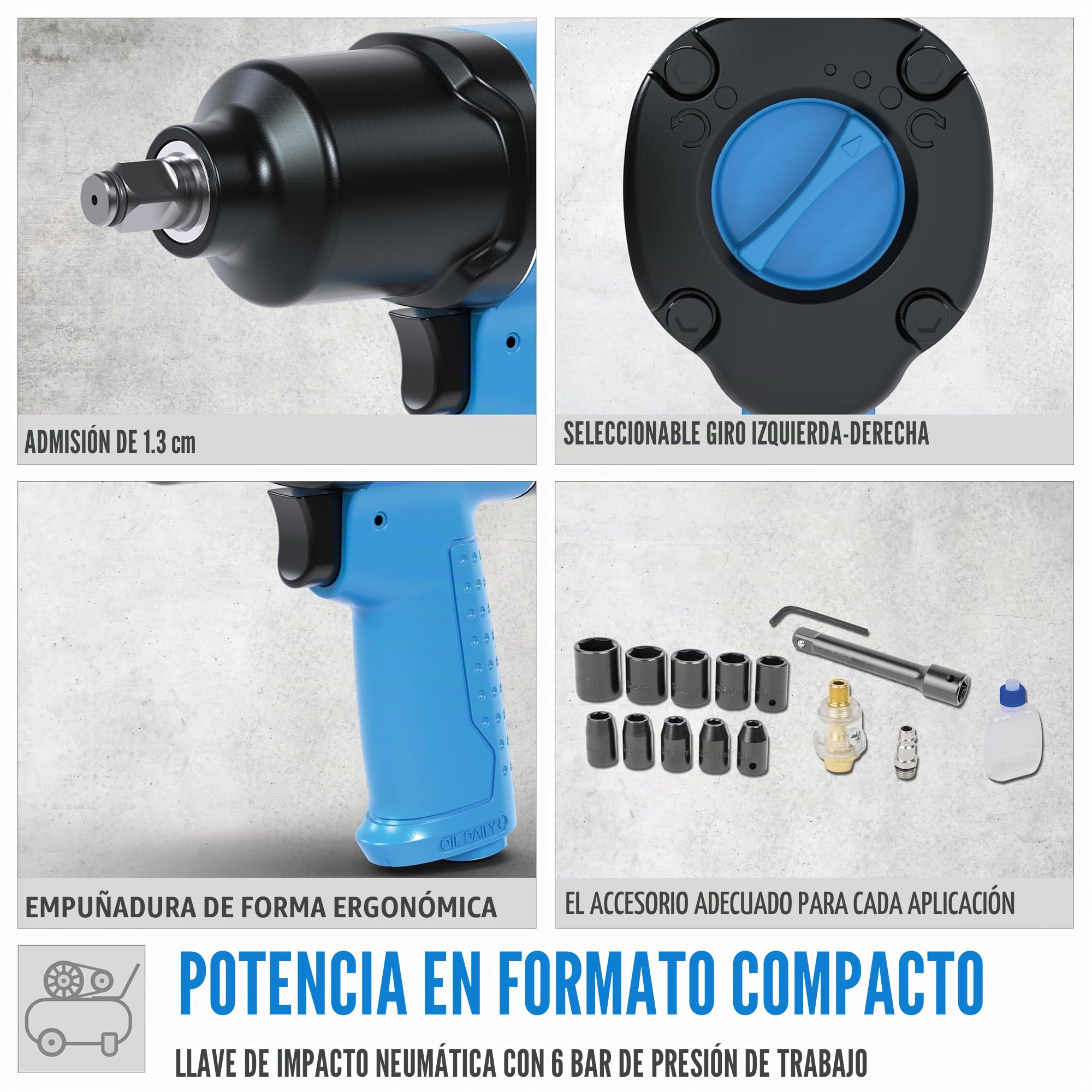 Güde Juego de llaves de impacto neumáticas (rosca de conexión IG 1/4", presión de presión de 6 bar, aire de 204 l/min, 150/300/569 Nm, par máximo de 580 Nm, incluye 10 llaves de vaso, alargador, etc.)