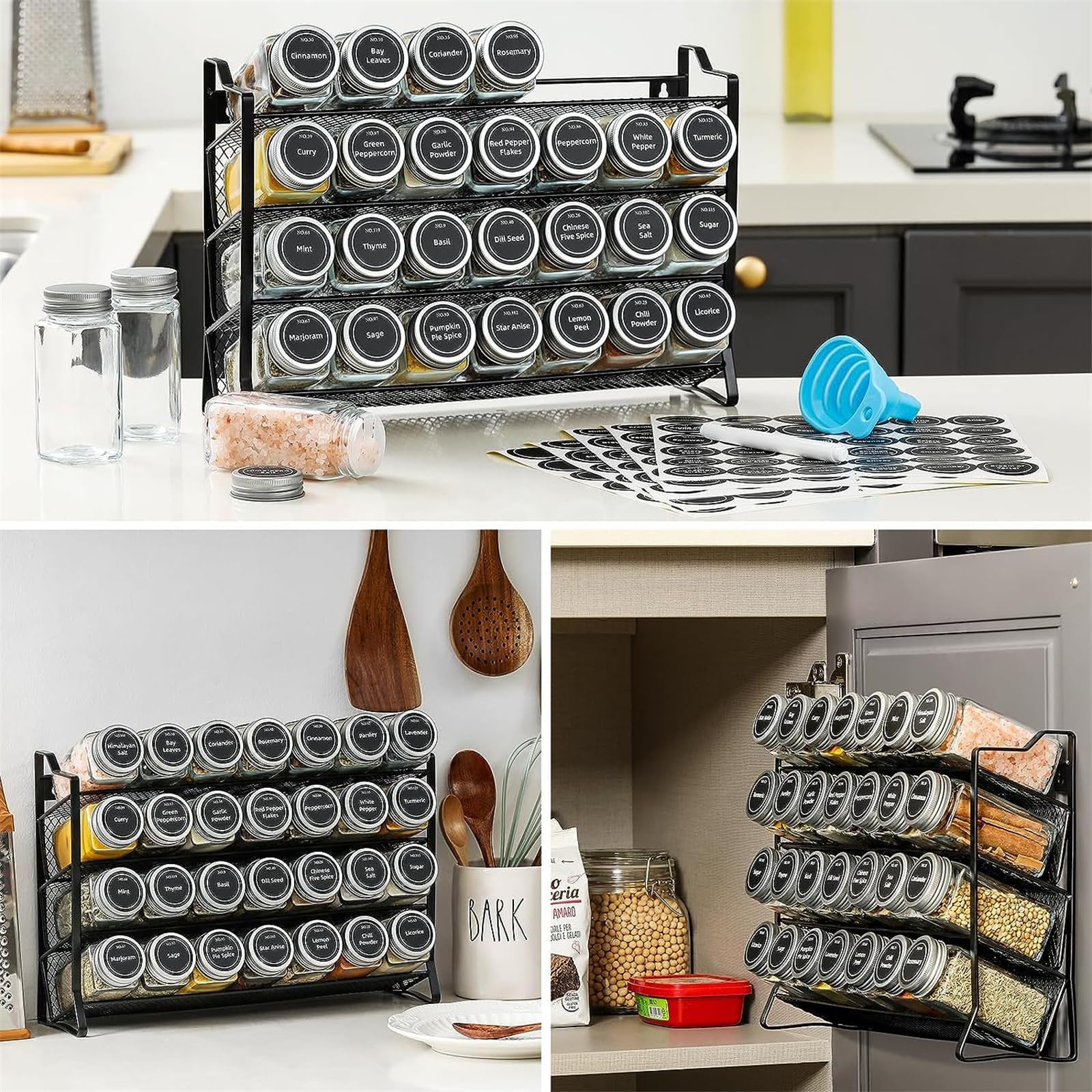 Lot de 4 étagères à épices à 4 étages avec 28 pots à épices et 180 étiquettes, support à épices, à poser et à monter au mur, pour cuisine, armoire et plan de travail