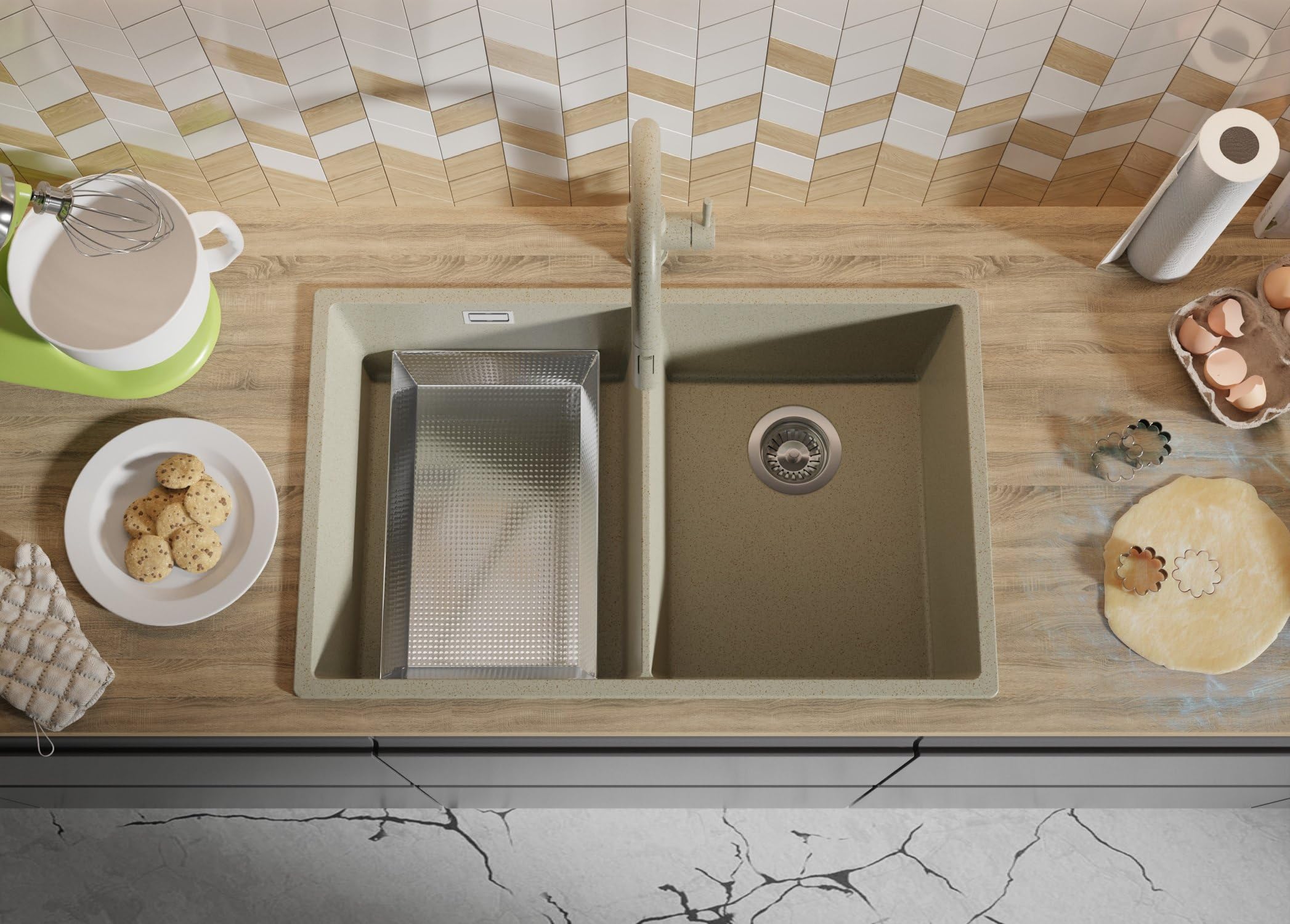 PRIMAGRAN Fregadero Cocina Todo Beige - London Twin Slim, 76x47cm | Granito 2 Senos + Sifón, sobre Encimera al Mueble 80cm (S010)