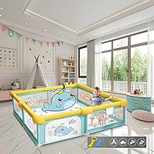 CAREIT Playards|Playpen for Kids up to 4 Years,Spacious 180x200 cm Baby Play Yard with Safety Lock & Hand Grip, Thick Padding & 360° Mesh Visibility, Portable Activity Center for Toddlers - Aqua Green