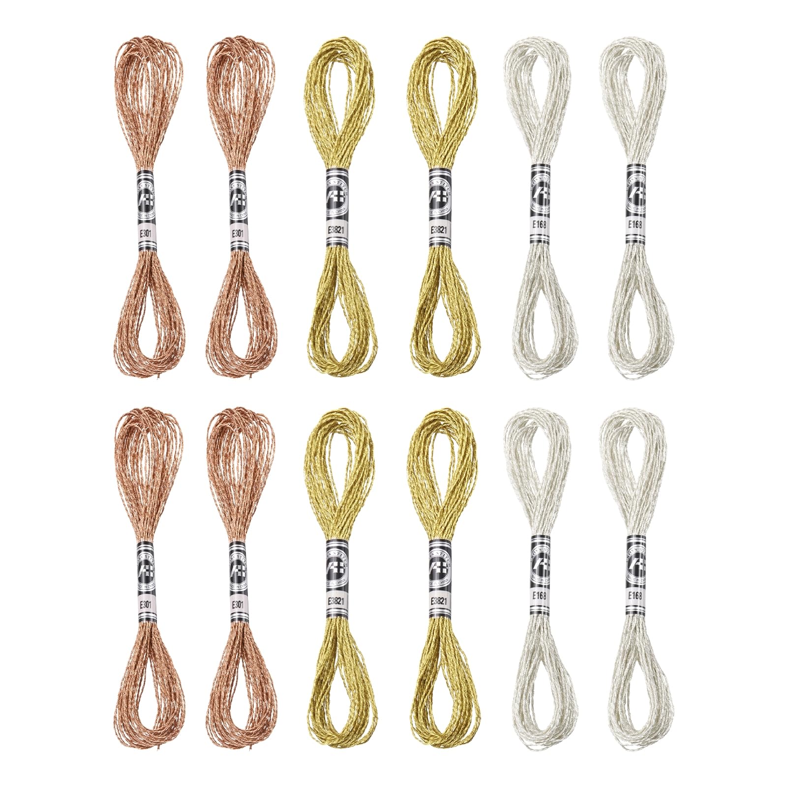 PATIKIL 12 Skeins Embroidery Floss, Metallic Embroidery Thread Nylon Threads Bracelets String for Cross-Stitch Hand Embroidery, Bronze/Silver/Light Gold