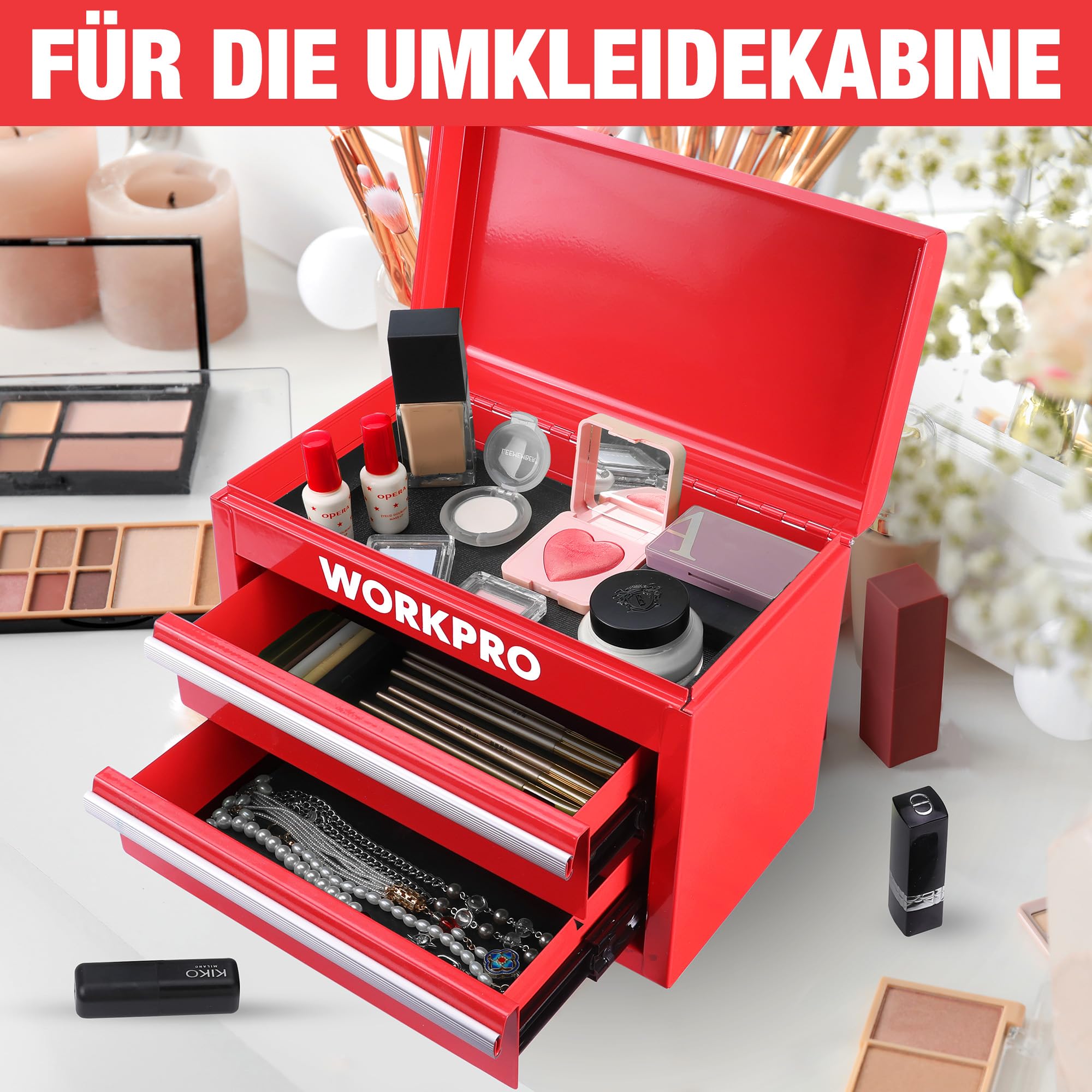 WORKPRO Metall Schubladenbox 2 Schubladen, Rot, Tisch Organizer | Mit oberem Stauraum, ideal für Büro, Schreibtisch und Umkleide, zur übersichtlichen Aufbewahrung von Kleinteilen