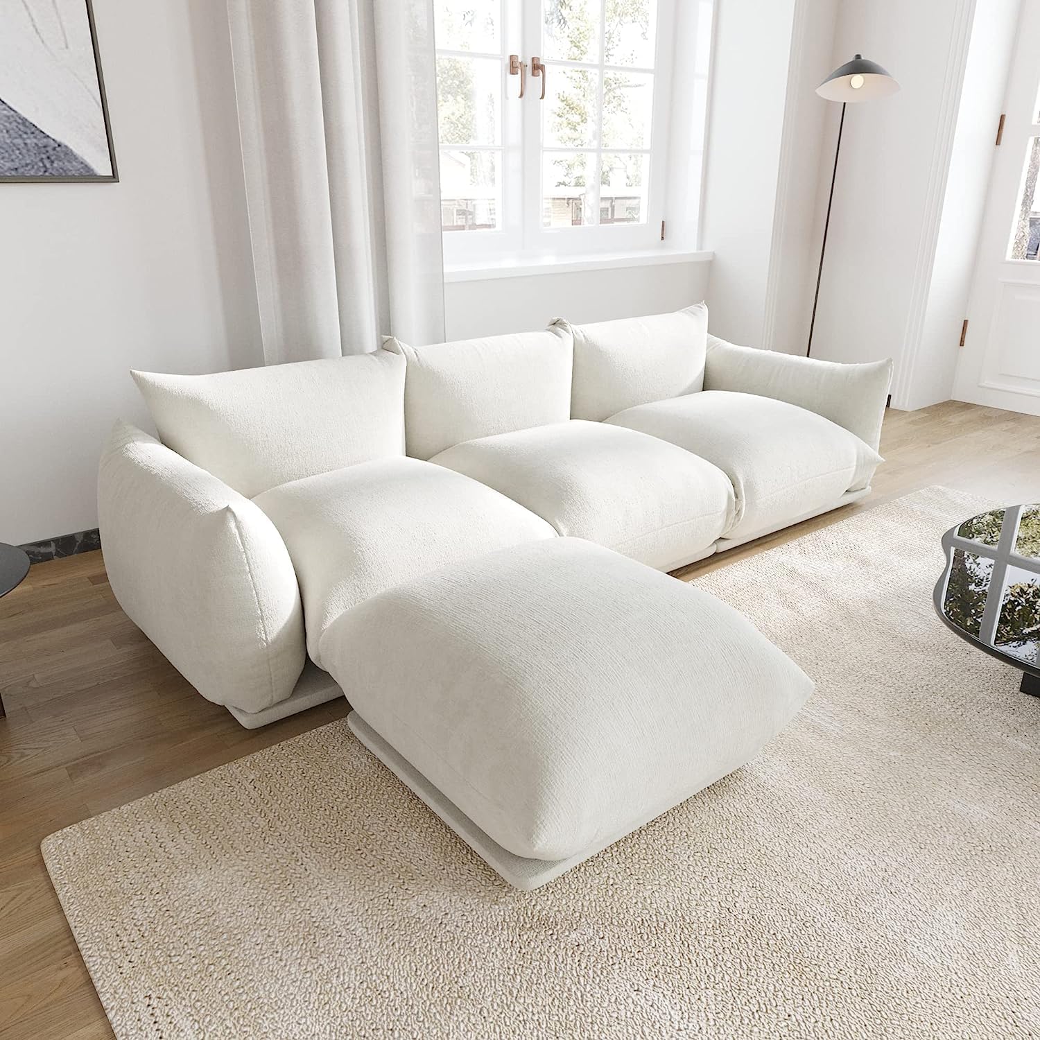 JACH 103" L-Shaped Sectional Couch, Minimalist Chenille Modular Sofas Couches, Mid-Century Couch Sectionals with Reversible Chaise Ottoman for Living Room, Office, Apartment, White