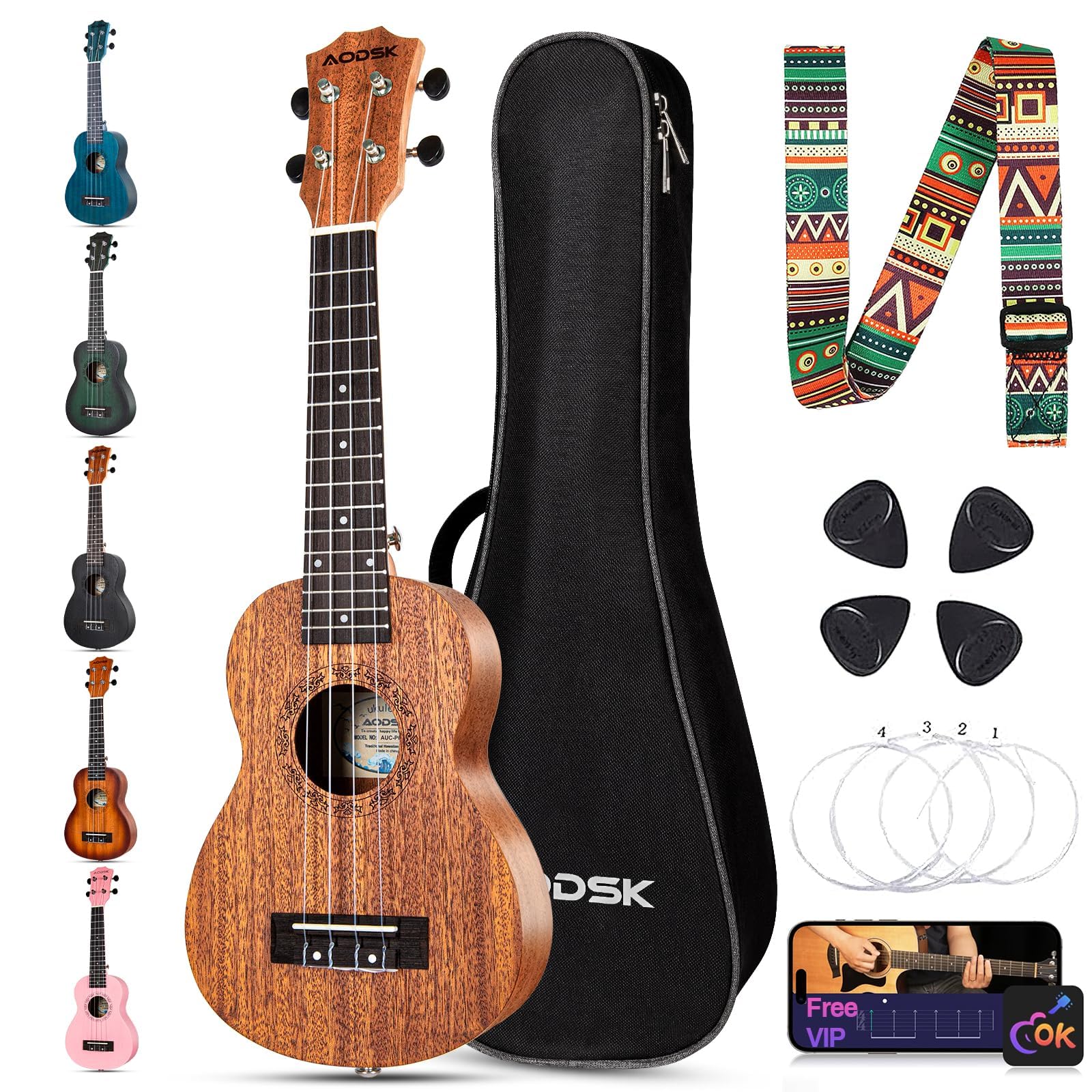 AODSK Juego de ukelele soprano para principiantes, ukelele hawaiano de 21 pulgadas para niños y adultos con bolsa de concierto, cuerdas, kit todo en uno (ukelele sapele de 21 pulgadas) (natural)
