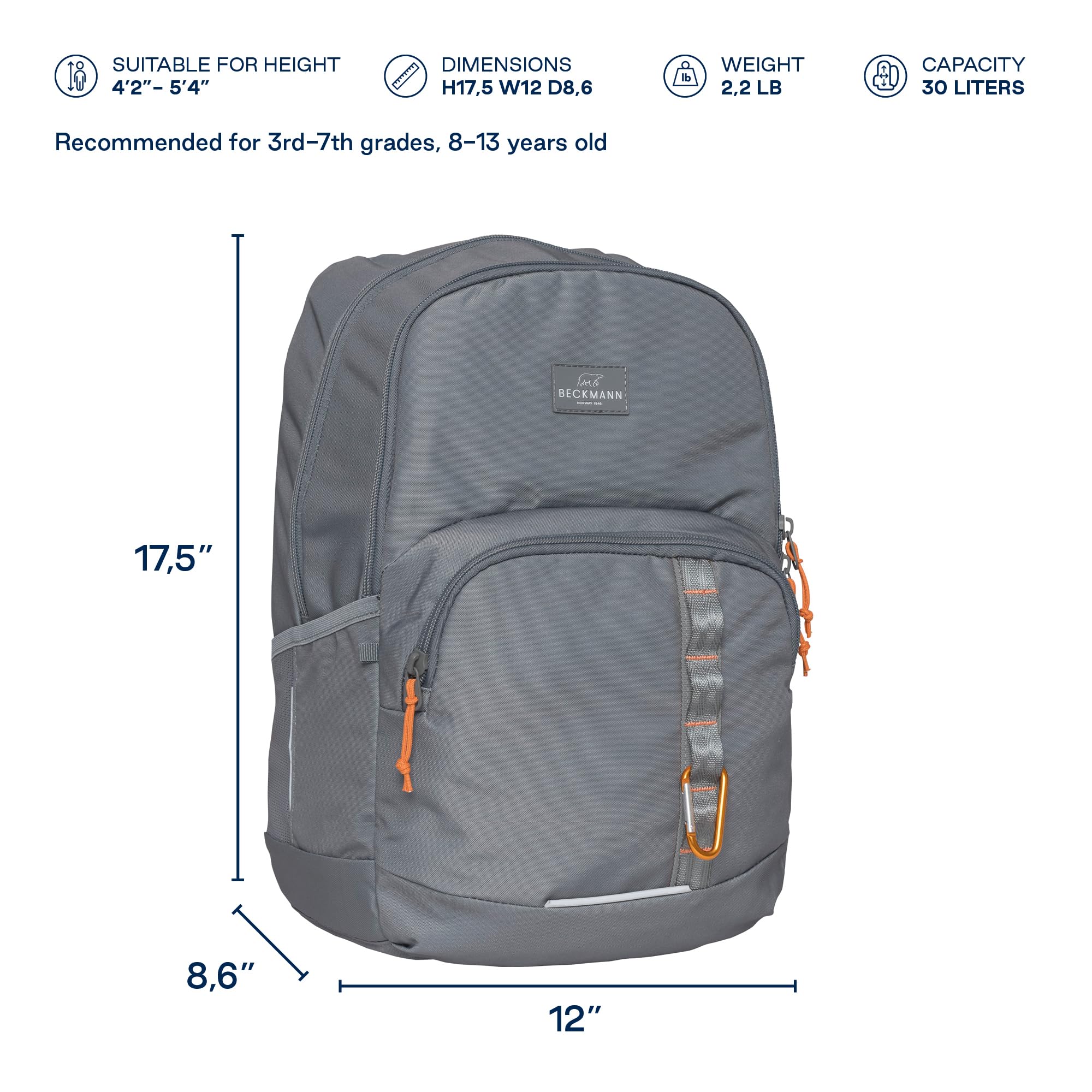 Beckmann, Sac à dos de sport pour école secondaire de 3 à 7e année avec housse de pluie incluse, 30 l