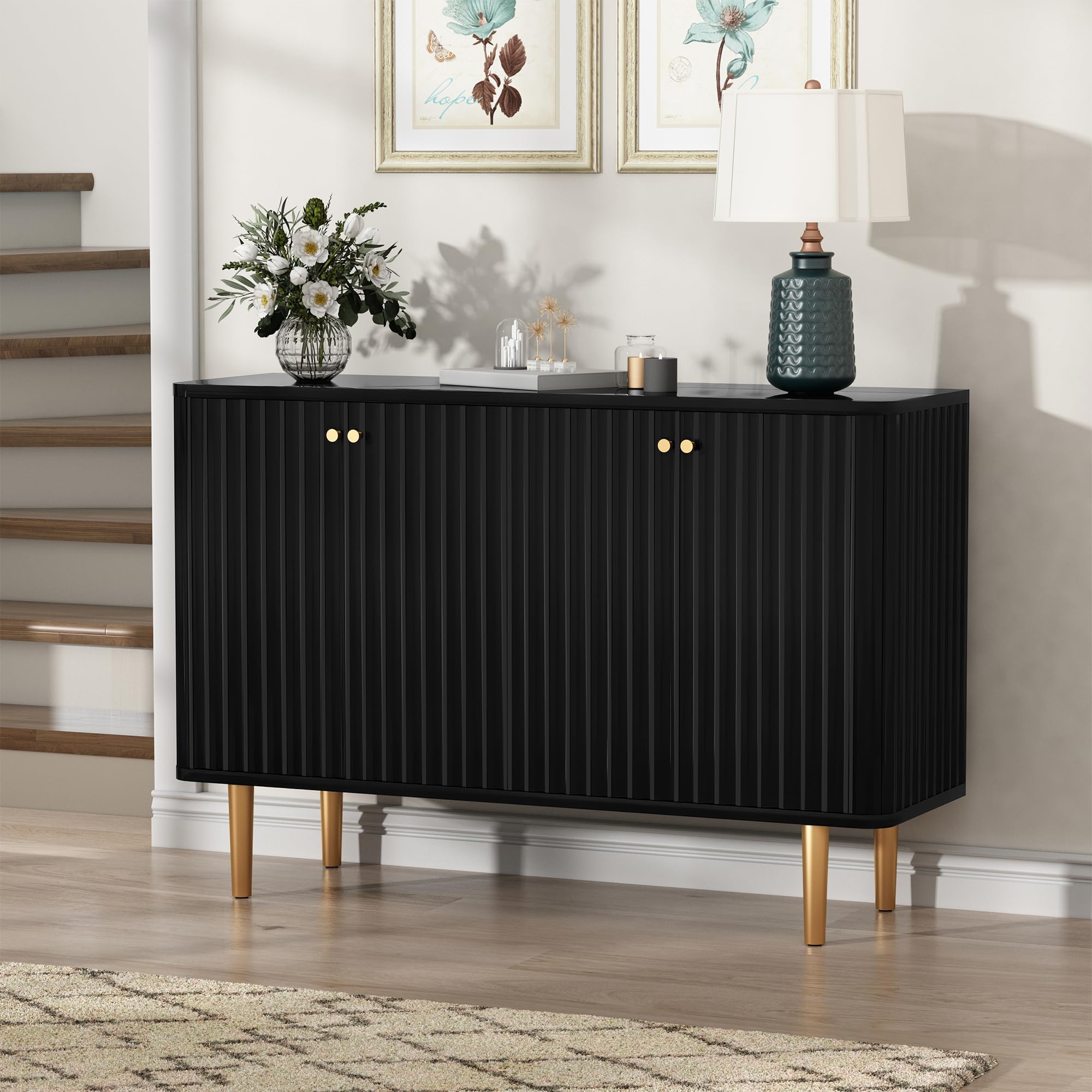 HOLTICO Sideboards for Living Room with 4 Doors and Removable Shelves, Modern Accent Cabinet, Wooden Buffet Storage Cabinets, Black Sideboard Living Room, Dining Room, Kitchen, Hallway
