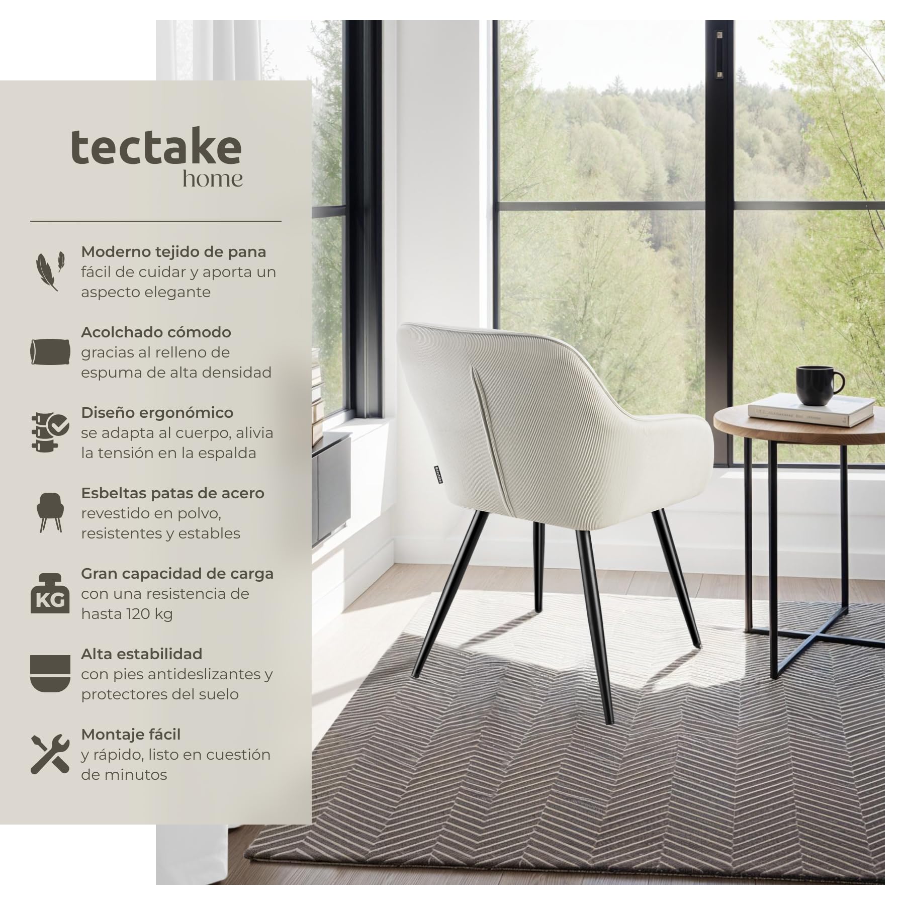 tectake® Sillas de Comedor, Silla Acolchada con Tejido de Pana, Respaldo Continuo, Patas de Acero Robustas, Muebles Comedor, Sillas Comedor Modernas, Silla Comedor Nordica - 1 Silla Crema/Negro