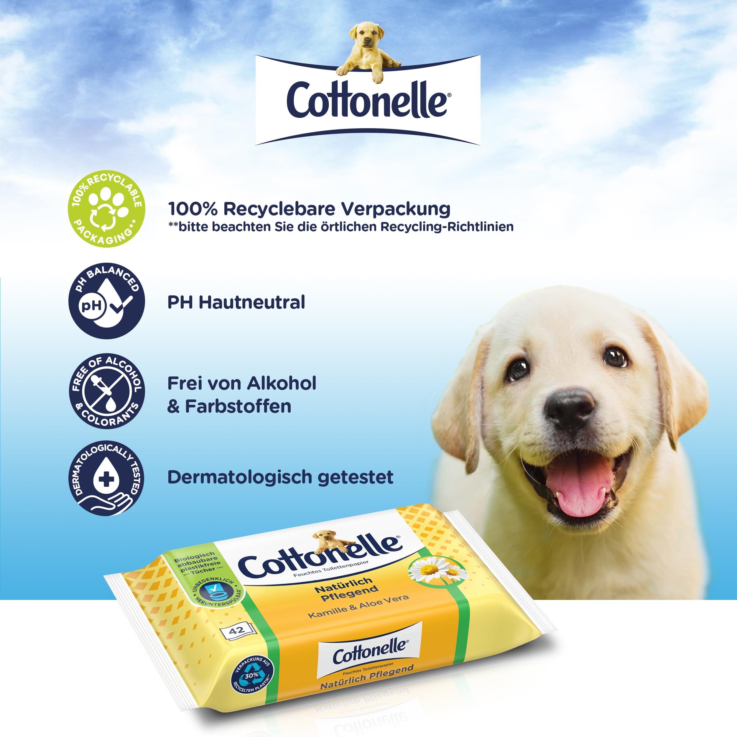 Cottonelle Carta igienica umida, naturale nutriente, camomilla e aloe vera, biodegradabile, senza plastica, richiudibile, confezione conveniente, 12 x 42 salviettine umidificate