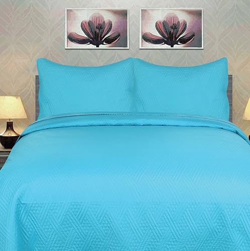 DaDa Bedding - Juego de colcha de tamaño Queen, ligero, color azul liso, color azul liso, colcha acolchada de laguna turquesa, tamaño Queen, 3