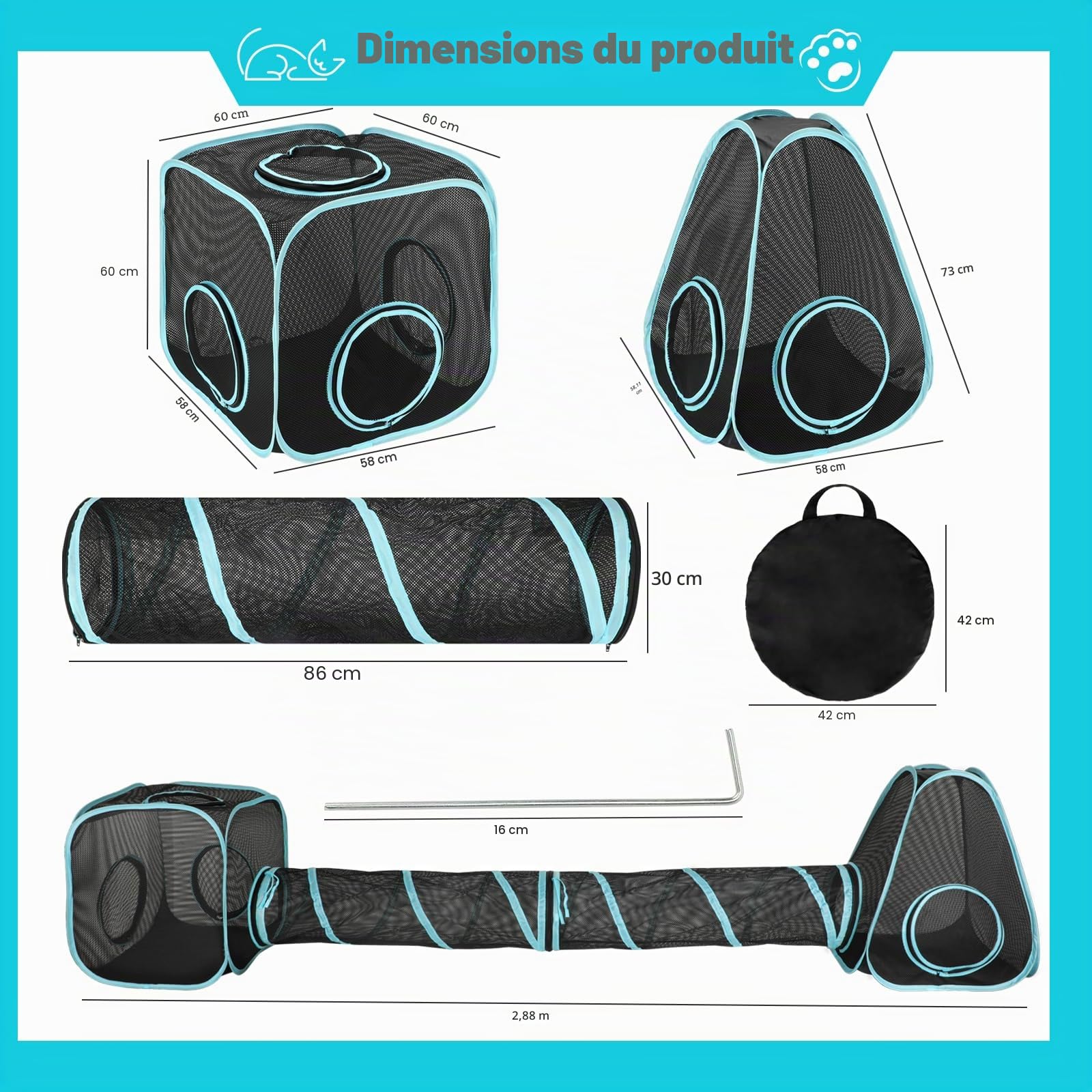 Enclos d'extérieur Portable pour Chat de 2,4 m, Tente Pop-up pour Chats avec Tunnels Doubles de 85 x 30 cm à Faire soi-même de Plusieurs façons, Tente de Jeu pour Lapins et Petits Animaux
