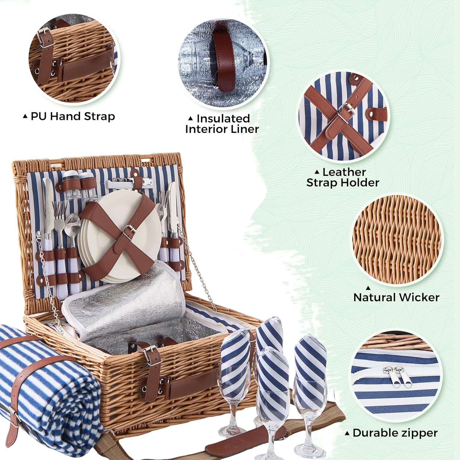 Willow Picnic Basket Set for 4 with Large Insulated Bag and Waterproof Picnic Blanket, Wicker Picnic Hamper for Camping, Outdoor, Birthday, Valentine, Navy