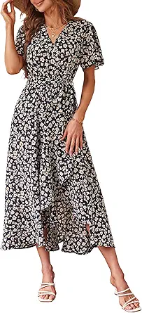 PRETTYGARDEN Women's Summer Floral Boho Maxi Dress Wrap Short Sleeve V Neck Ruffle A-Line Flowy Wedding Guest Long Dresses
