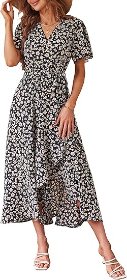 PRETTYGARDEN Women's Summer Floral Boho Maxi Dress Wrap Short Sleeve V Neck Ruffle A-Line Flowy Wedding Guest Long Dresses