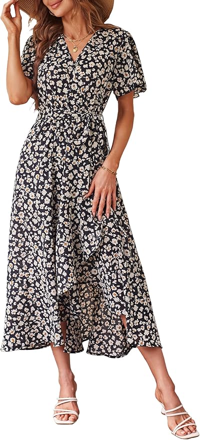 PRETTYGARDEN Women's Summer Floral Boho Maxi Dress Wrap Short Sleeve V Neck Ruffle A-Line Flowy Wedding Guest Long Dresses