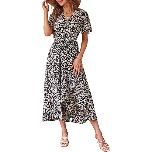 PRETTYGARDEN Women's 2024 Floral Boho Dress Wrap V Neck Short Sleeve Belted Ruffle Hem A-Line Flowy Maxi Dresses