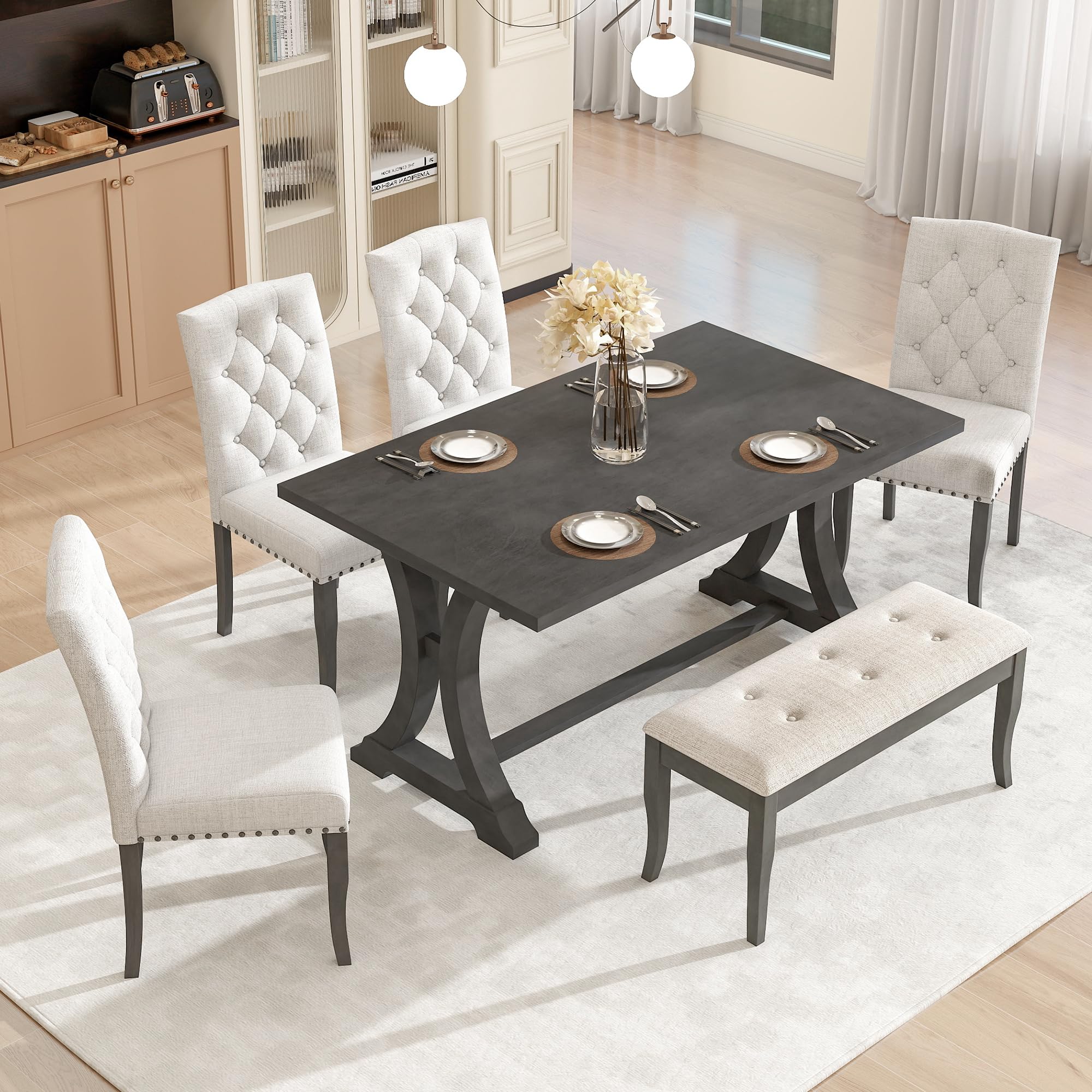 CKLMMC Farmhouse 6-Piece Dining Room Table Set,Rectangular Trestle Table and 4 Upholstered Chairs & Bench,Kitchen Furniture Set for Family (Antique