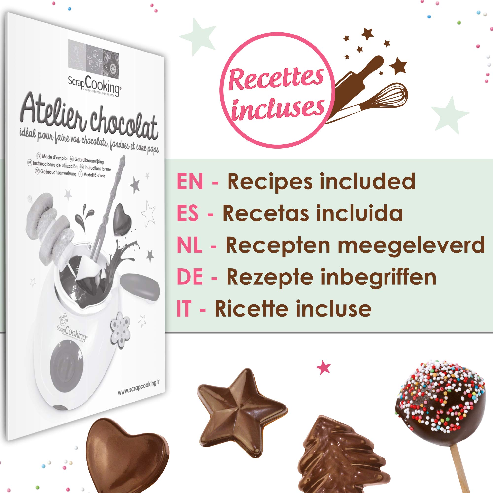 ScrapCooking - Atelier Chocolat - Appareil Fondue à Chocolat avec Accessoires - Coffret 33 Éléments pour Fabrication Chocolats Maison, Soirées Crêpes, Gaufres - Avec Moules - Blanc / Vert d’Eau - 3902