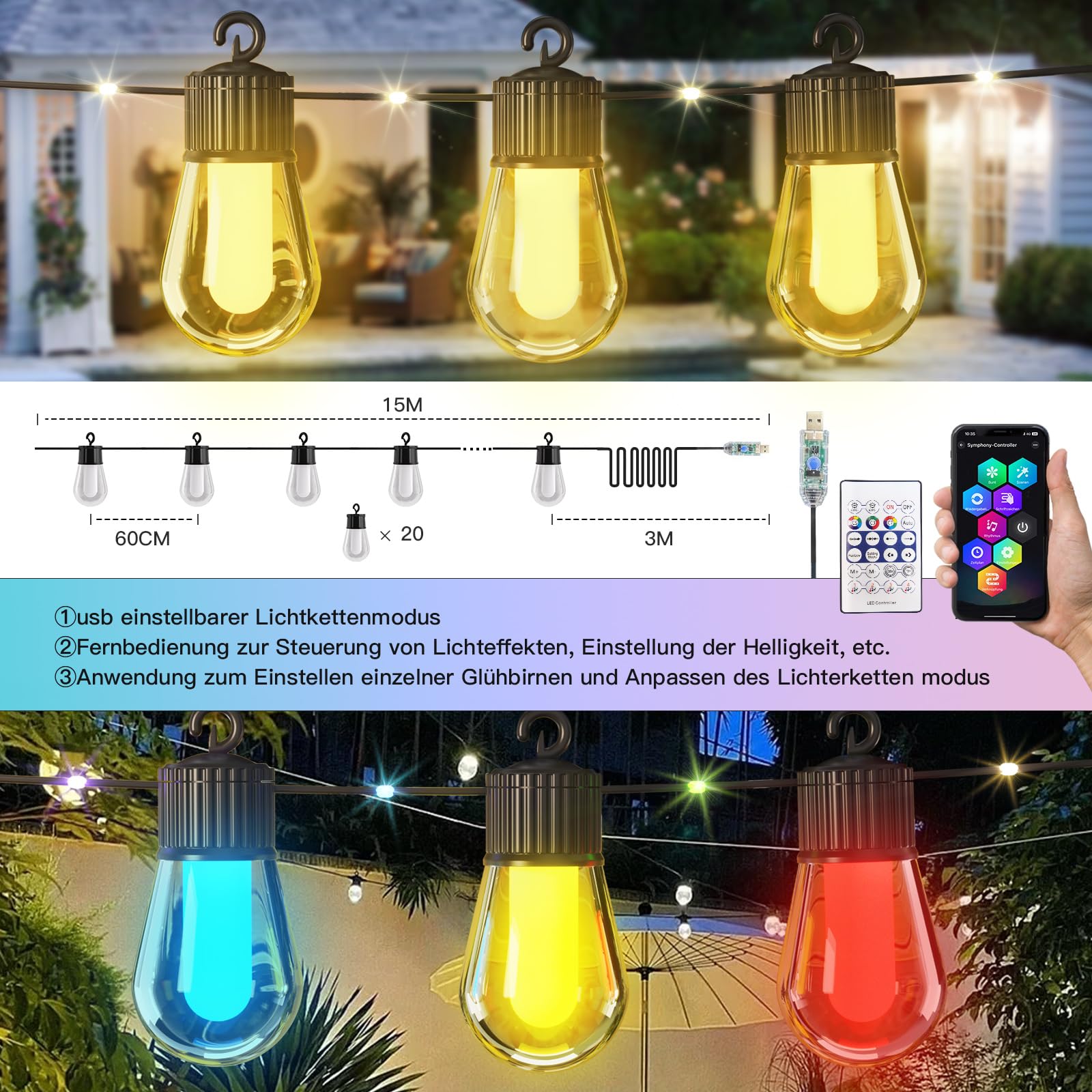 15M LED luces de hadas al aire libre de energía 20 RGB S14 bombilla, aplicación inteligente con 99 + modos y temporizador, para fiesta, boda, jardín, balcón （USB）