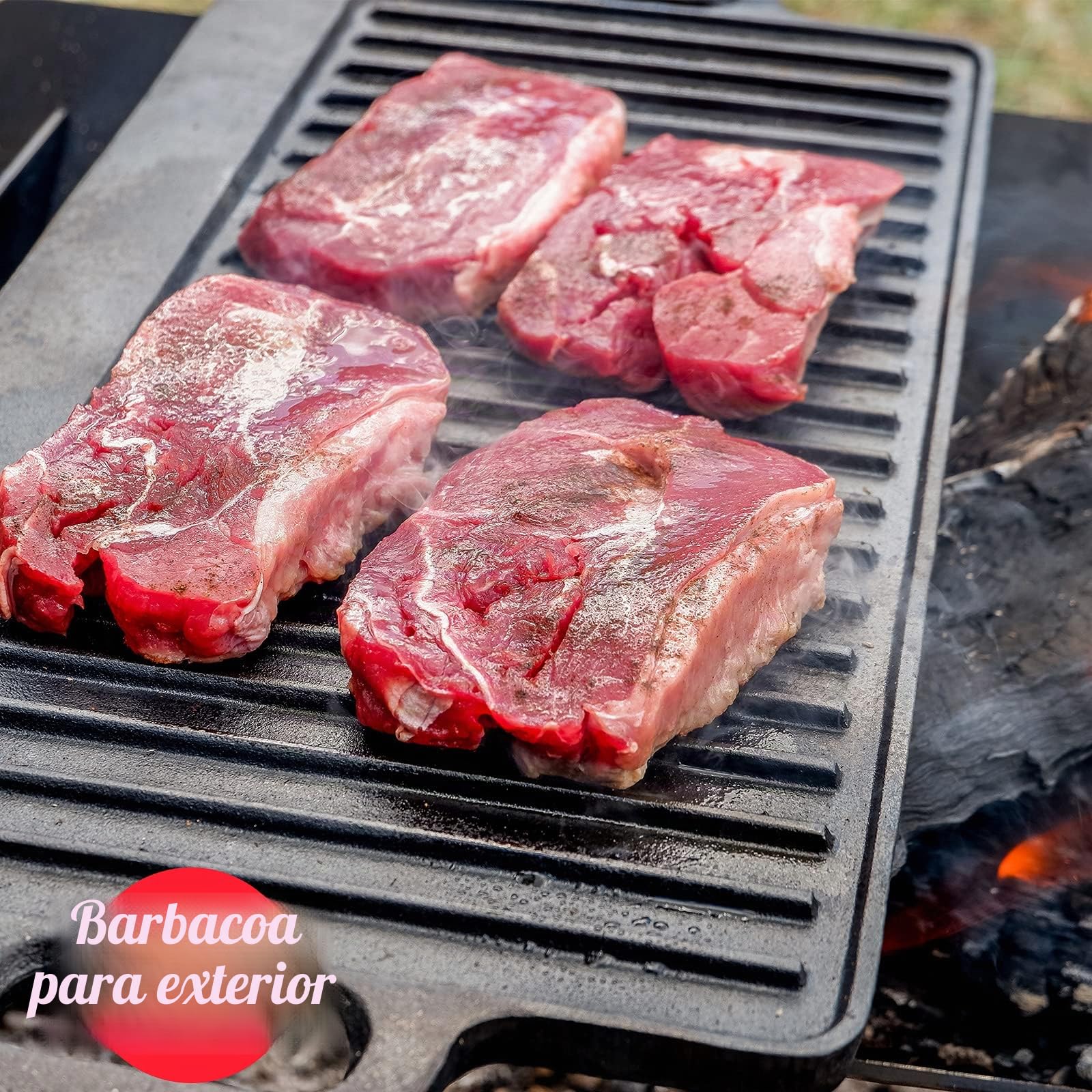 OVERMONT Parrilla Reversible de Hierro Fundido pre-sazonado con Asas para Estufa de Gas, Horno de Fuego Abierto, 43,18 x 24,89 cm, una Bandeja, raspadores incluidos