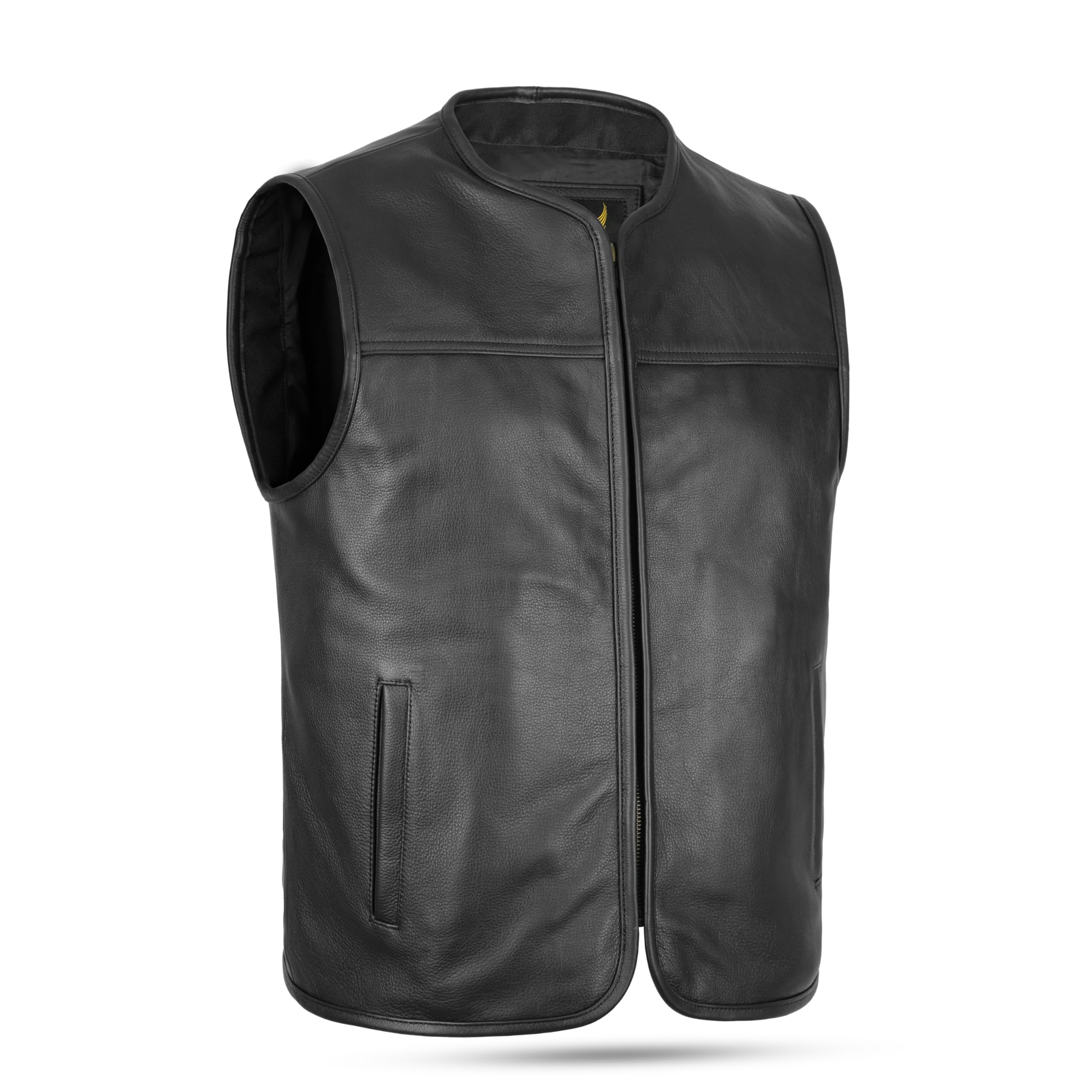 Leatherick Gilet da motociclista in vera pelle di vacchetta da uomo - Gilet da motociclista classico con cerniera frontale