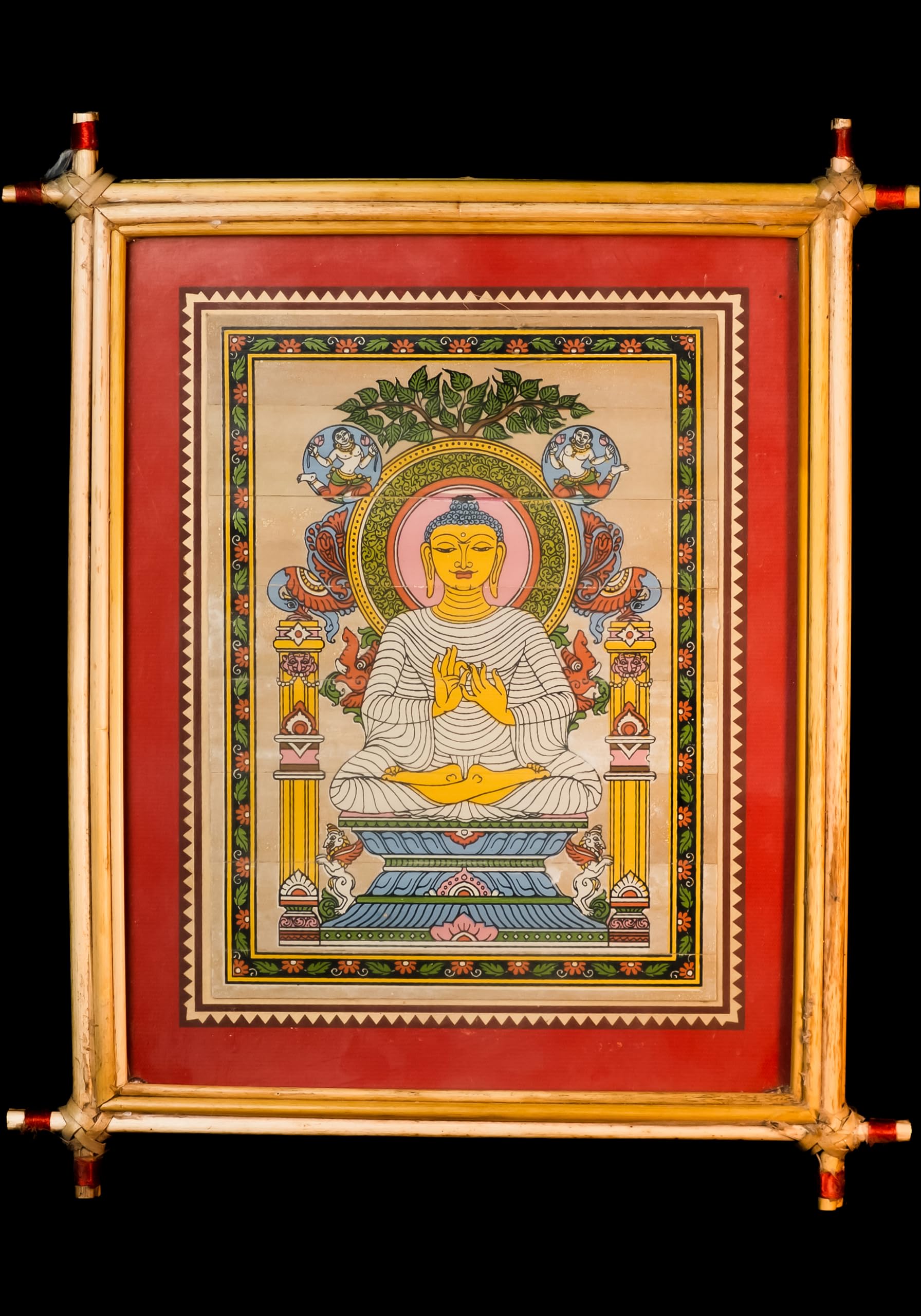 Traditional Pattachitra Buddha Painting, Handcrafted Palm Leaf Art with Lemon Grass Frame, Red and Gold, 22 x 16.5 cm, Religious Wall Mount Decor-image-22