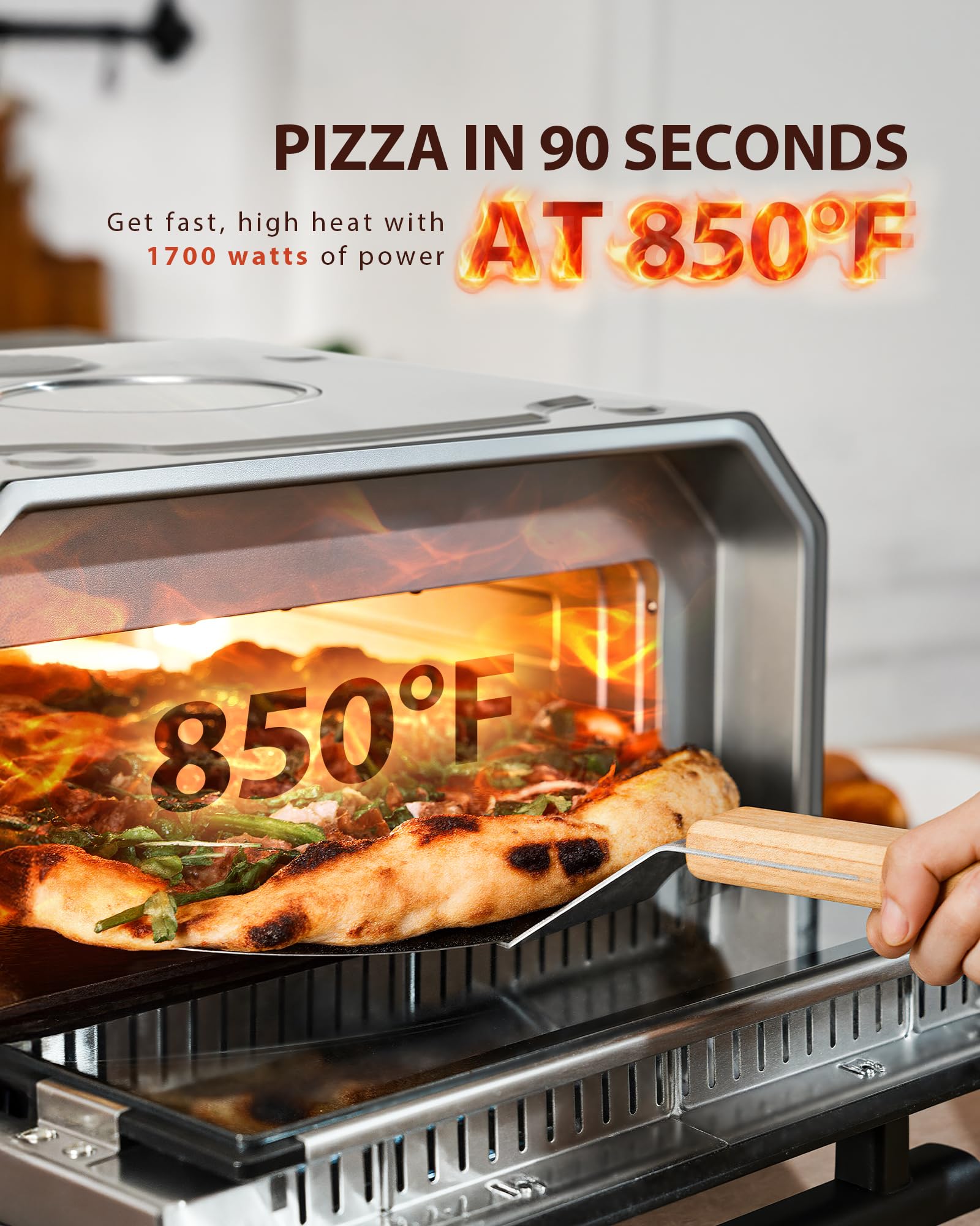 Indoor Pizza Oven, Makes 12 Inch Pizzas in 90 Seconds, Heats up to 850°F Countertop Pizza Oven, 6 Touchscreen Presets Electric Pizza Oven for Kitchen, Baking Tray & Pizza Stone Peel Included-Silver - Detailed View