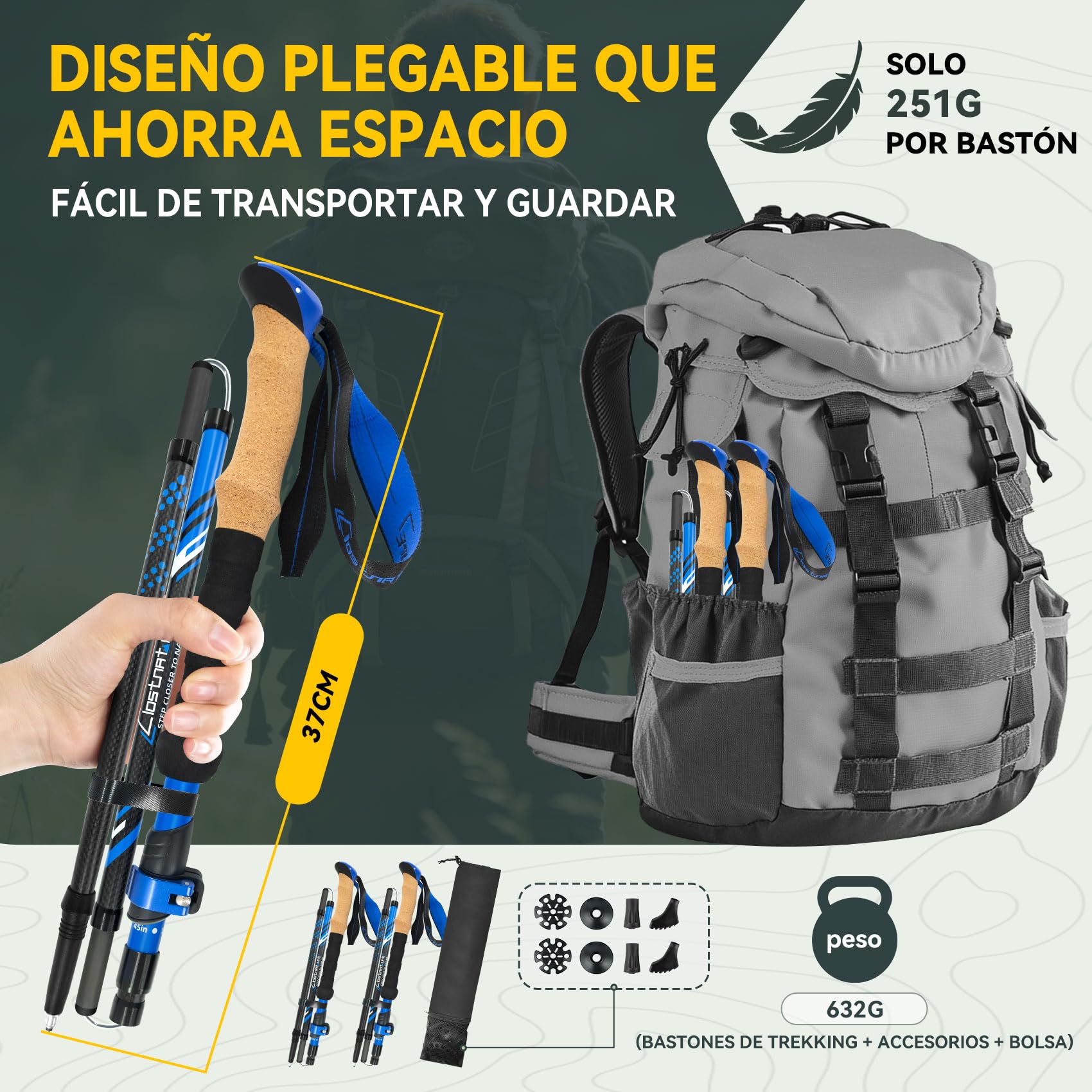 Clostnature Bastones de Senderismo Plegables - Bastones Trekking de Fibra de Carbono, Juego de 2, Ajustables 115-135 cm, Sistema de Bloqueo Rápido, Palos de Senderismo Ultraligeros y Resistentes