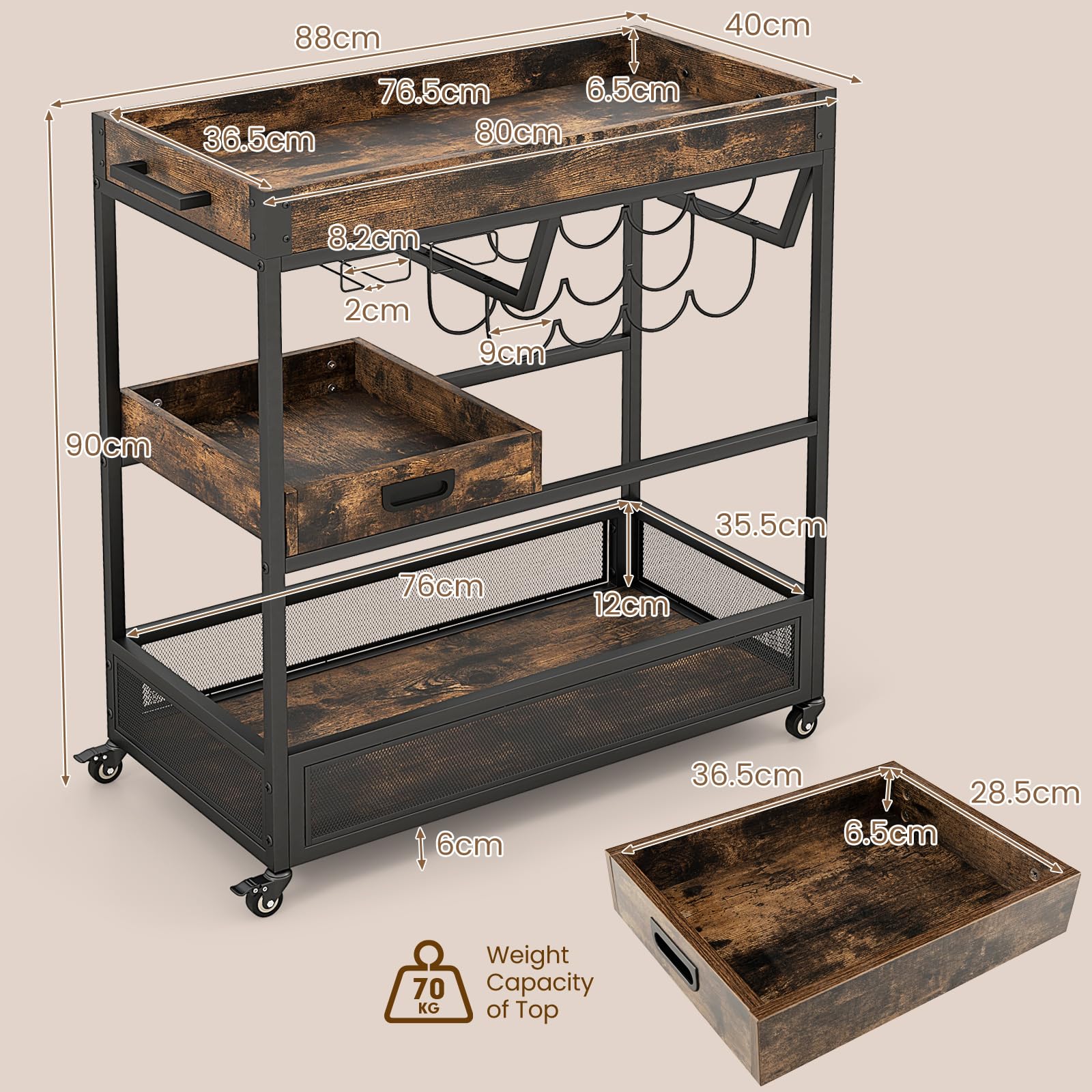 KOMFOTTEU Carrello da cucina industriale a 3 livelli, carrello di servizio con portabottiglie, portabicchieri e vassoio estraibile, carrello ausiliario in legno con ruote, per sala da pranzo, bar, 88
