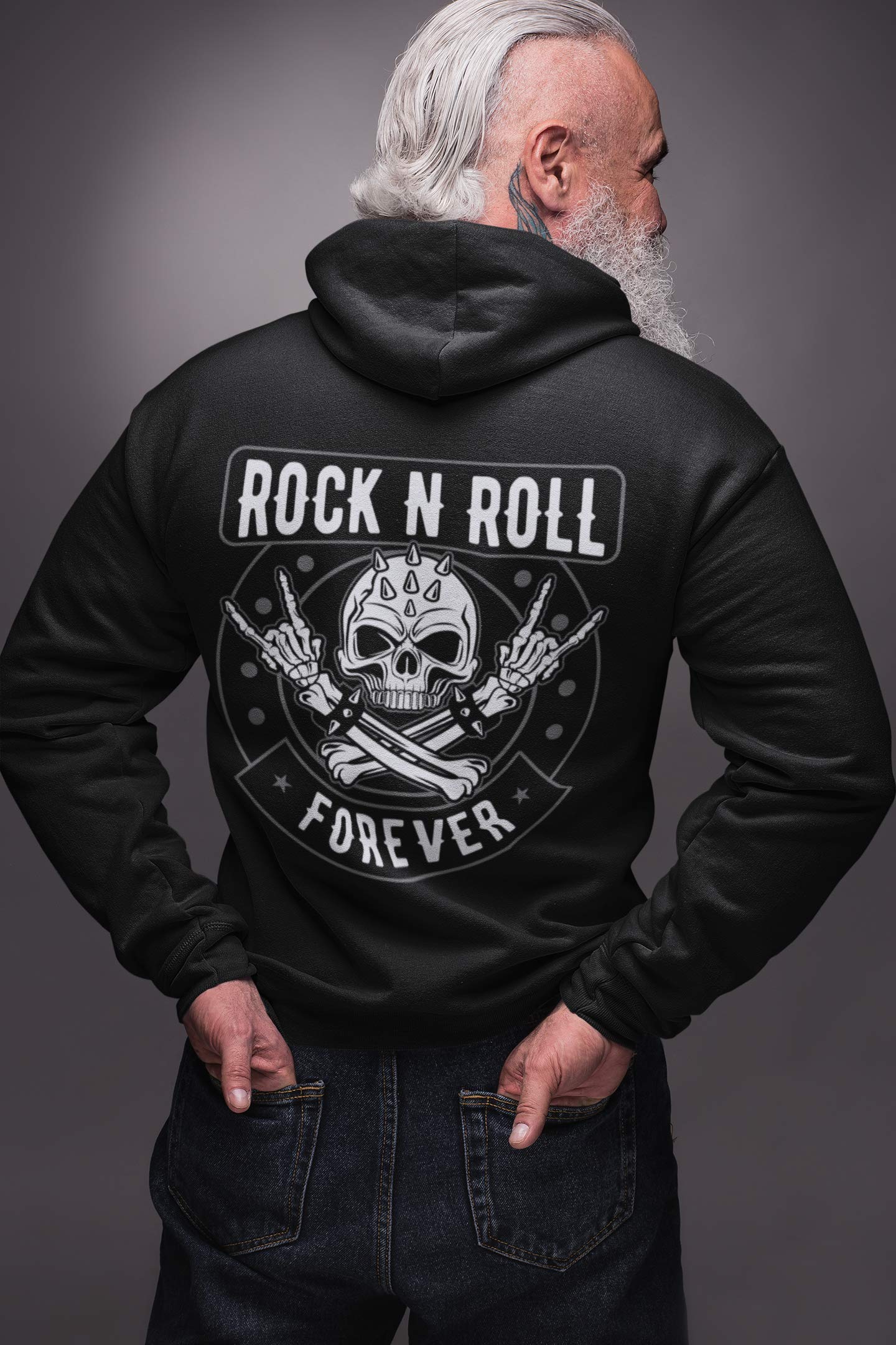 Rocker Männer Pullover mit Kapuze Rock n Roll Forever - Biker Kapuzenpullover Hoodie Herren für Death Rock Fans Heavy Metal Sweatshirt Gothic Regular Fit Baumwolle Schwarz S-5XL