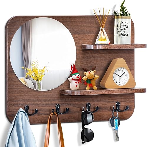 Perchero con estante montado en la pared con ganchos para abrigos, estante decorativo de madera rústica con espejo y 5 ganchos dobles para pasillo,