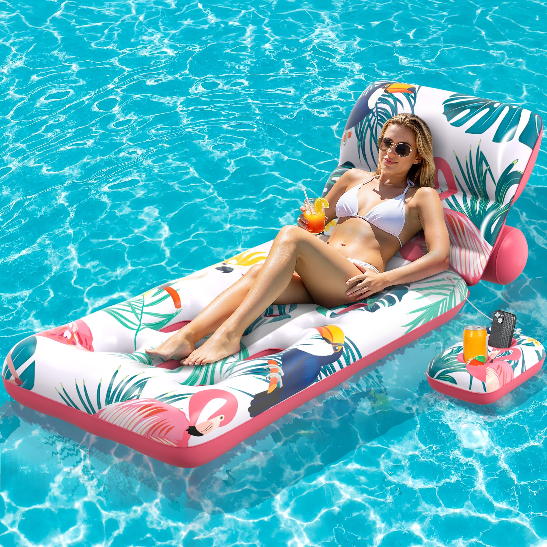 Colchoneta Piscina Adultos con Respaldo Ajustable, Flotador con Soporte Flotante para Bebidas, Ideal para Piscinas Lagos Playas y para Tomar el Sol, Sillon Hinchable para Niños y Adultos