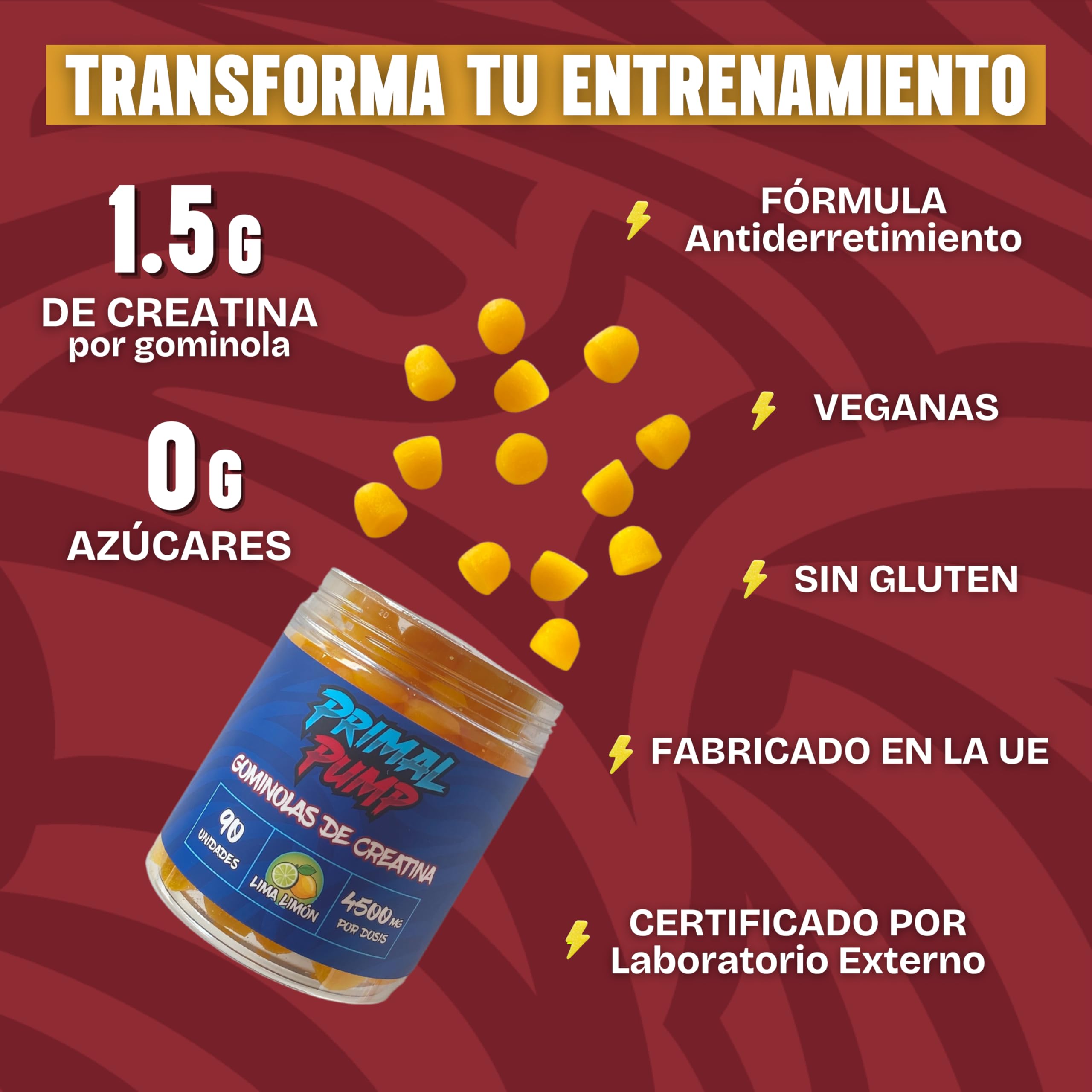 Creatina Monohidratada 4.5g Gominolas - Sin Azúcar, Vegano, Sabor Lima Limón
