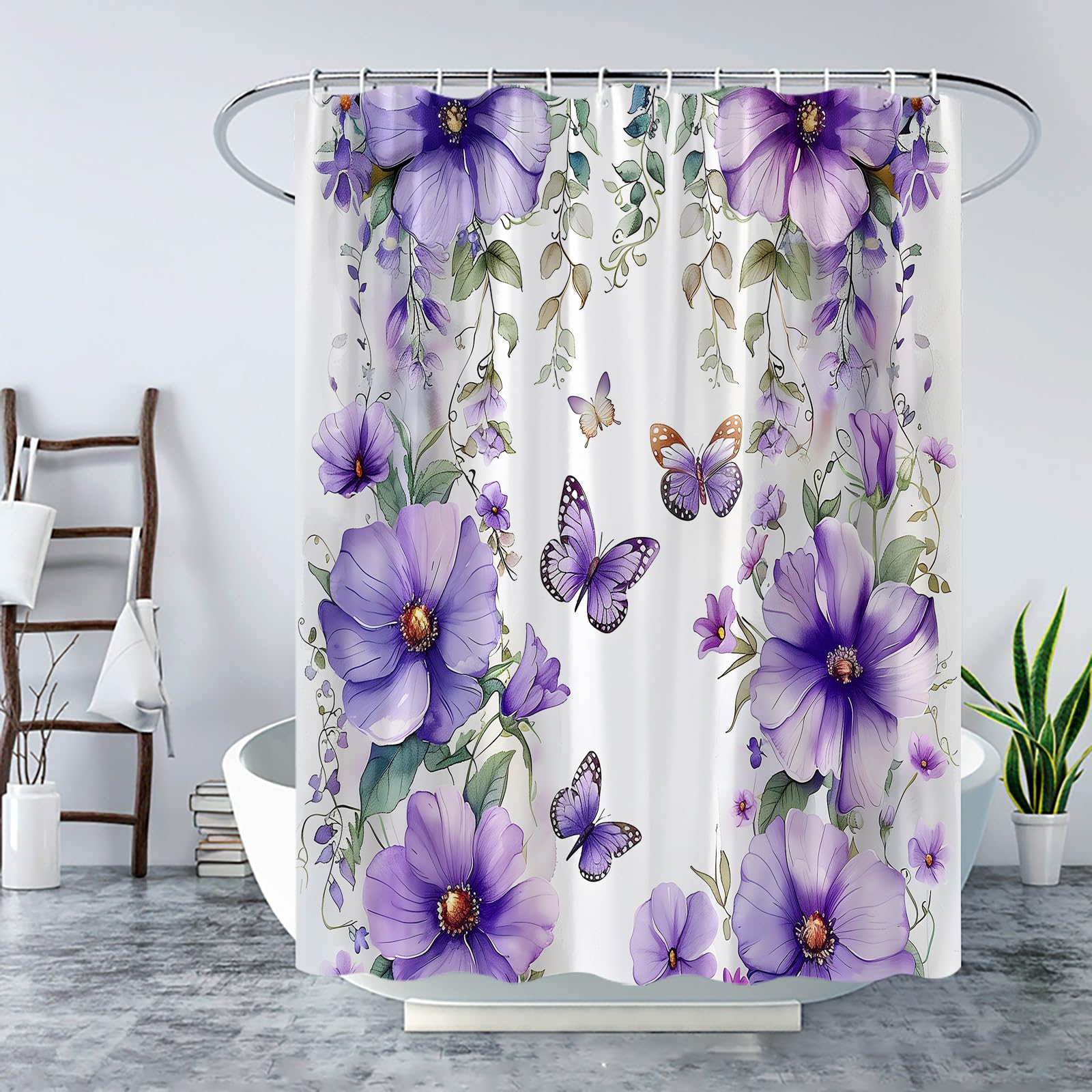 Cortina De Ducha Floral Morada Oscuro, Con Rosas Y Mariposas | Meses