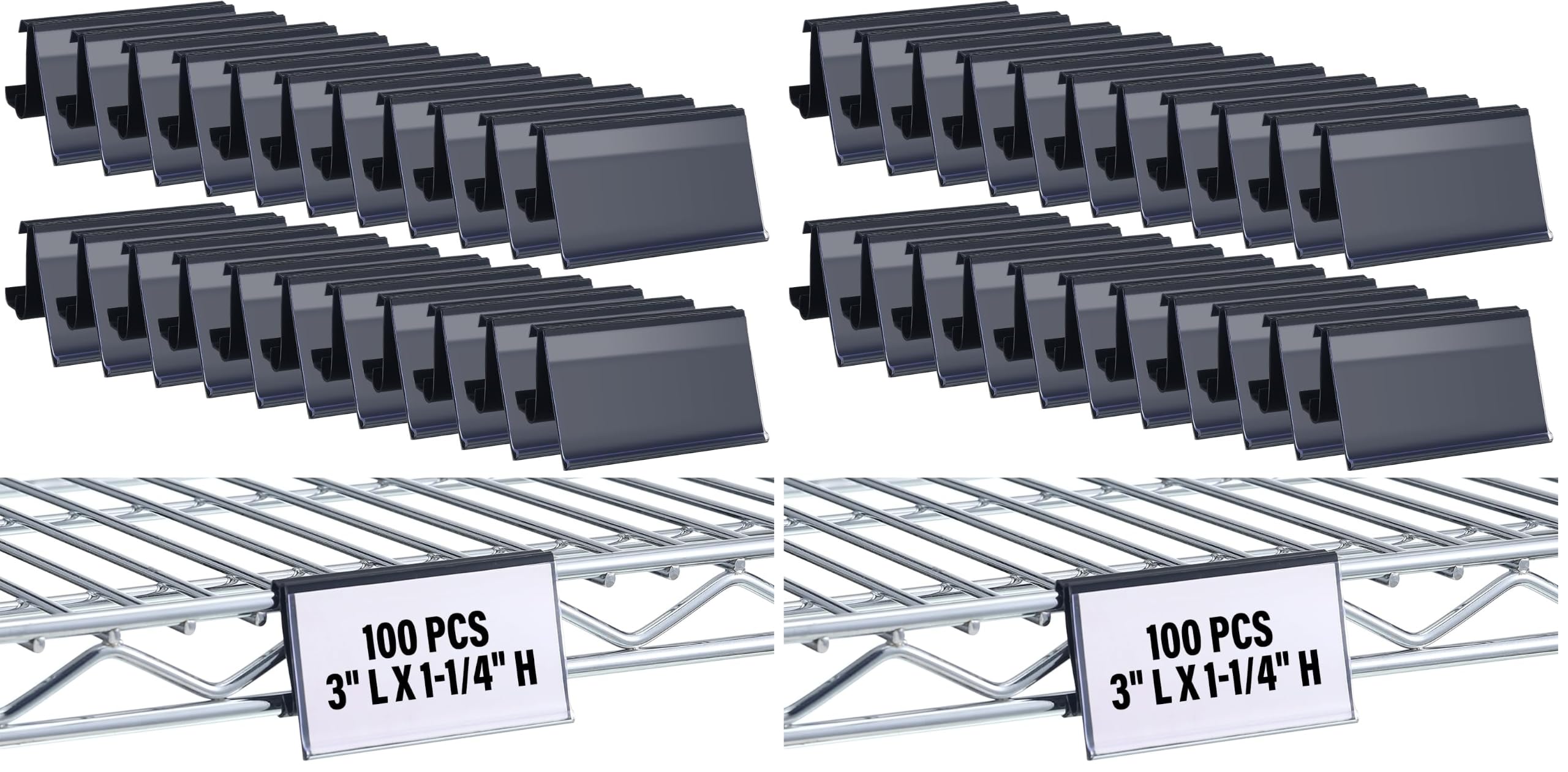 Kathfly 100 Pcs Wire Shelf Label Holders Compatible with Metro 1-1/4in Shelves, Plastic Wire Rack Label Holder 3 l x 1.25 H Price Tag Shelf Clips On, Black (Pack of 2)