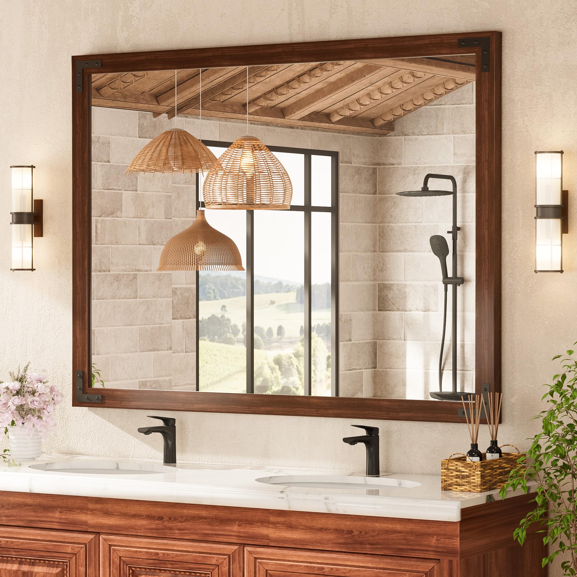 Amazon.com: TETOTE 48 x 36 Walnut Wood Framed Mirror for Bathroom