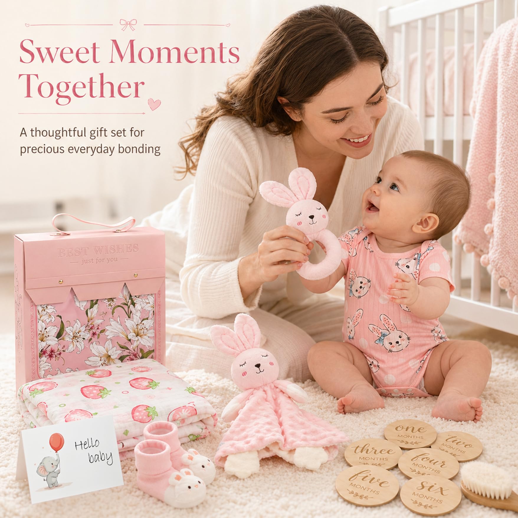 Coffret baptême bébé 15 pièces : couverture, body, hochet, doudou, brosse en bois, cartes étapes, bavoir, chaussettes antidérapantes et boîte souvenir. Rose.
