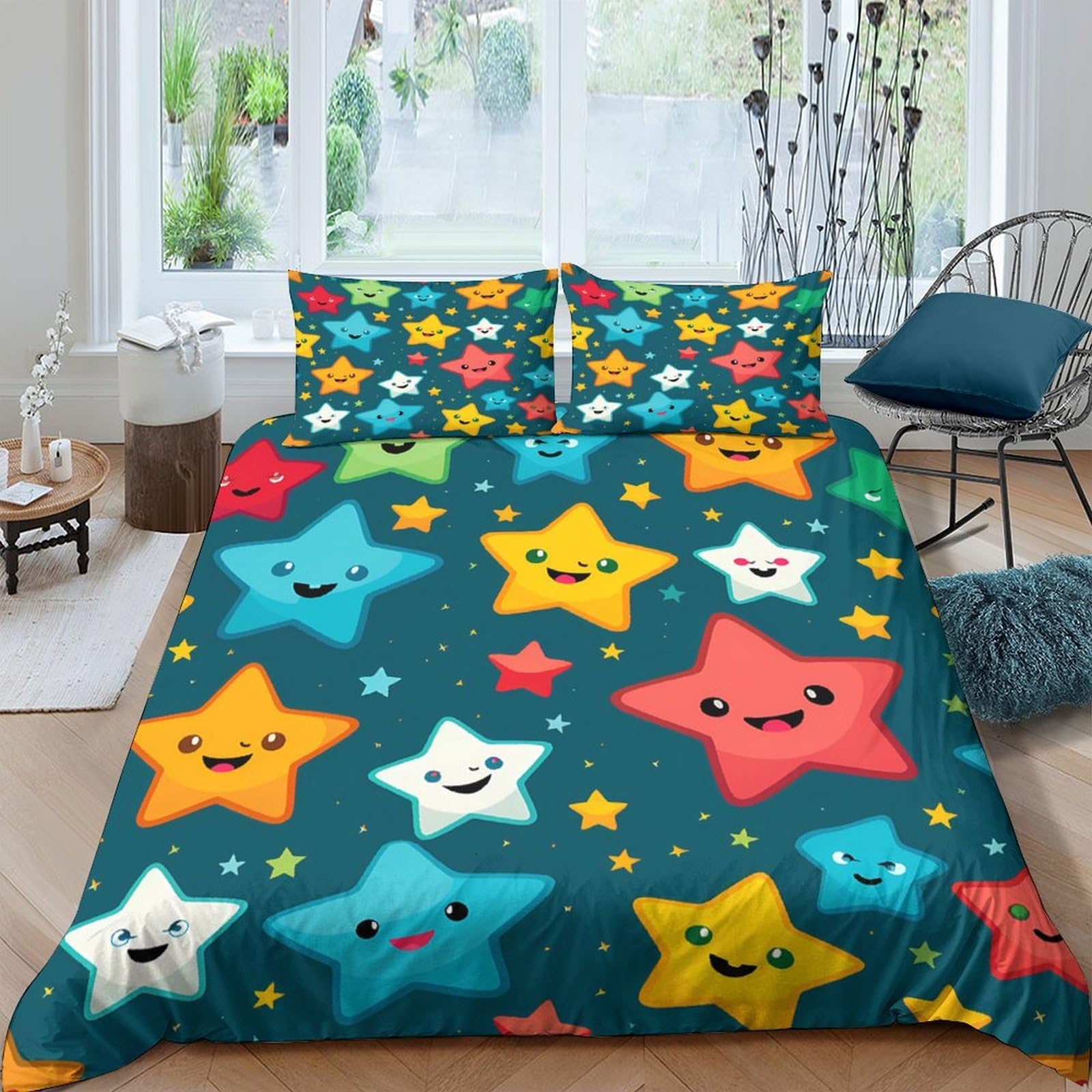 Ctjqhvkz Style-8 3D Printed Cute Cartoon Star Fitted Sheet Microfiber Deep Blue Colorful Bed Cover For Bedroom Guestroom Easy Care Single（135X200cm）
