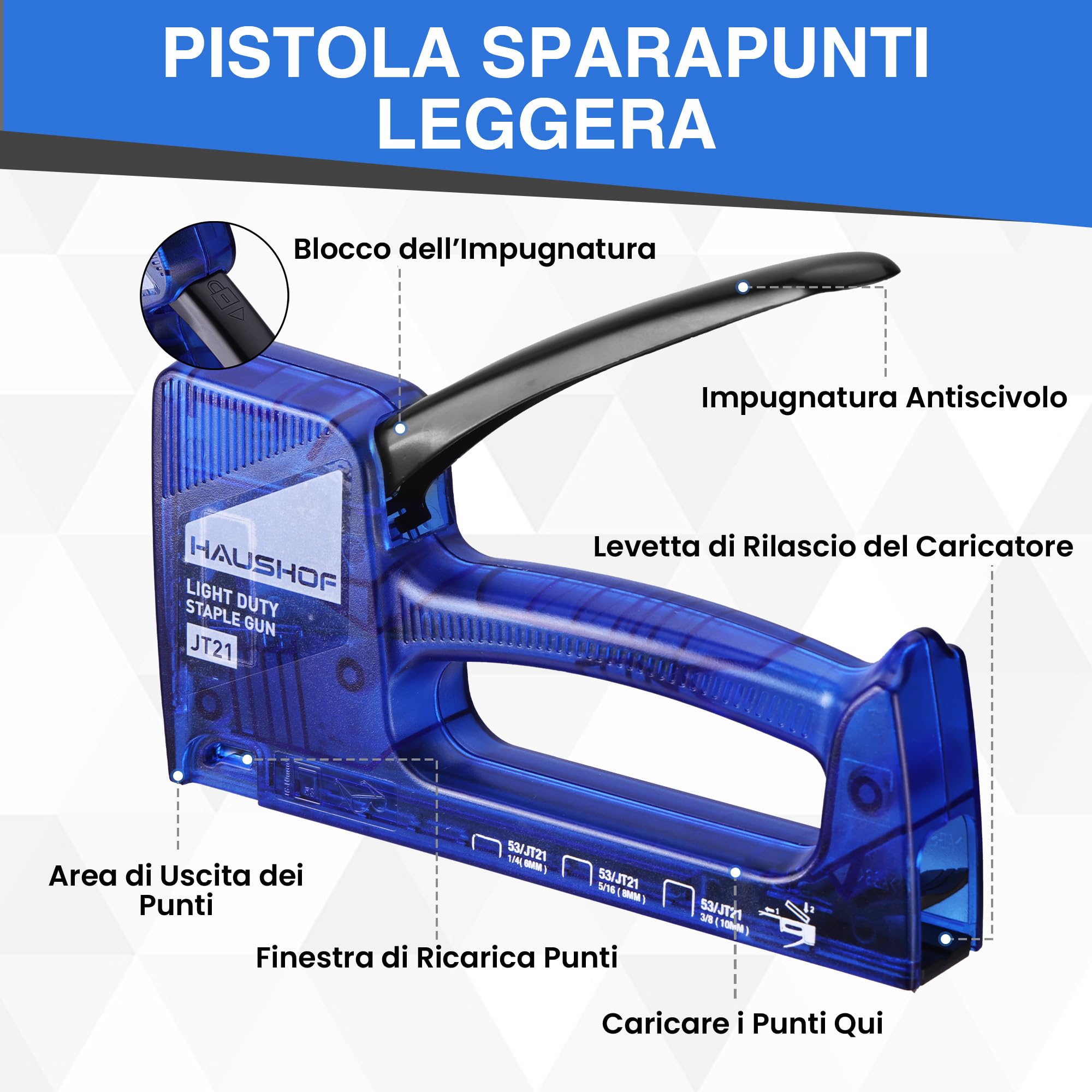 HAUSHOF Pistola Sparachiodi Trasparente con 800 Graffette JT21, Graffettatrice Impugnatura con Bloccaggio Automatico, Spillatrice Leggera per Fissare Tessuti, Cartone e Legno Sottile, Blu