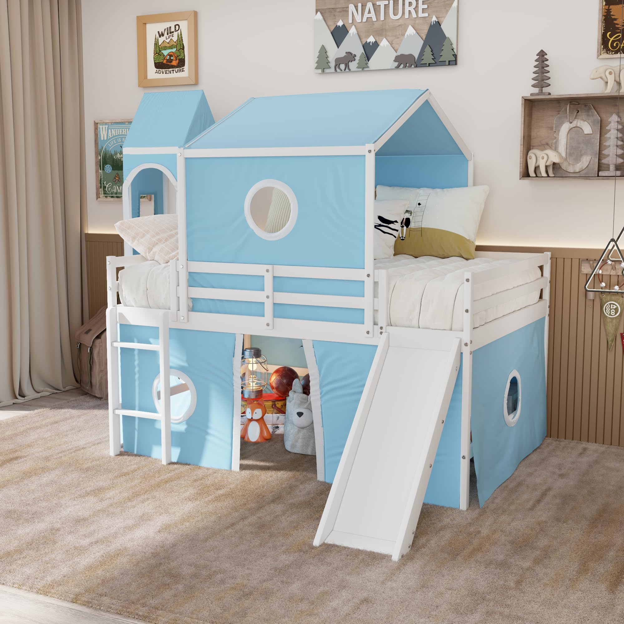 Harper & Bright Designs Charming Full-Size Loft Bed with Detachable Slide, Playful Blue Canopy Tent, & Climbing Tower - Vibrant Blue Frame for Kids' Bedroom Adventures