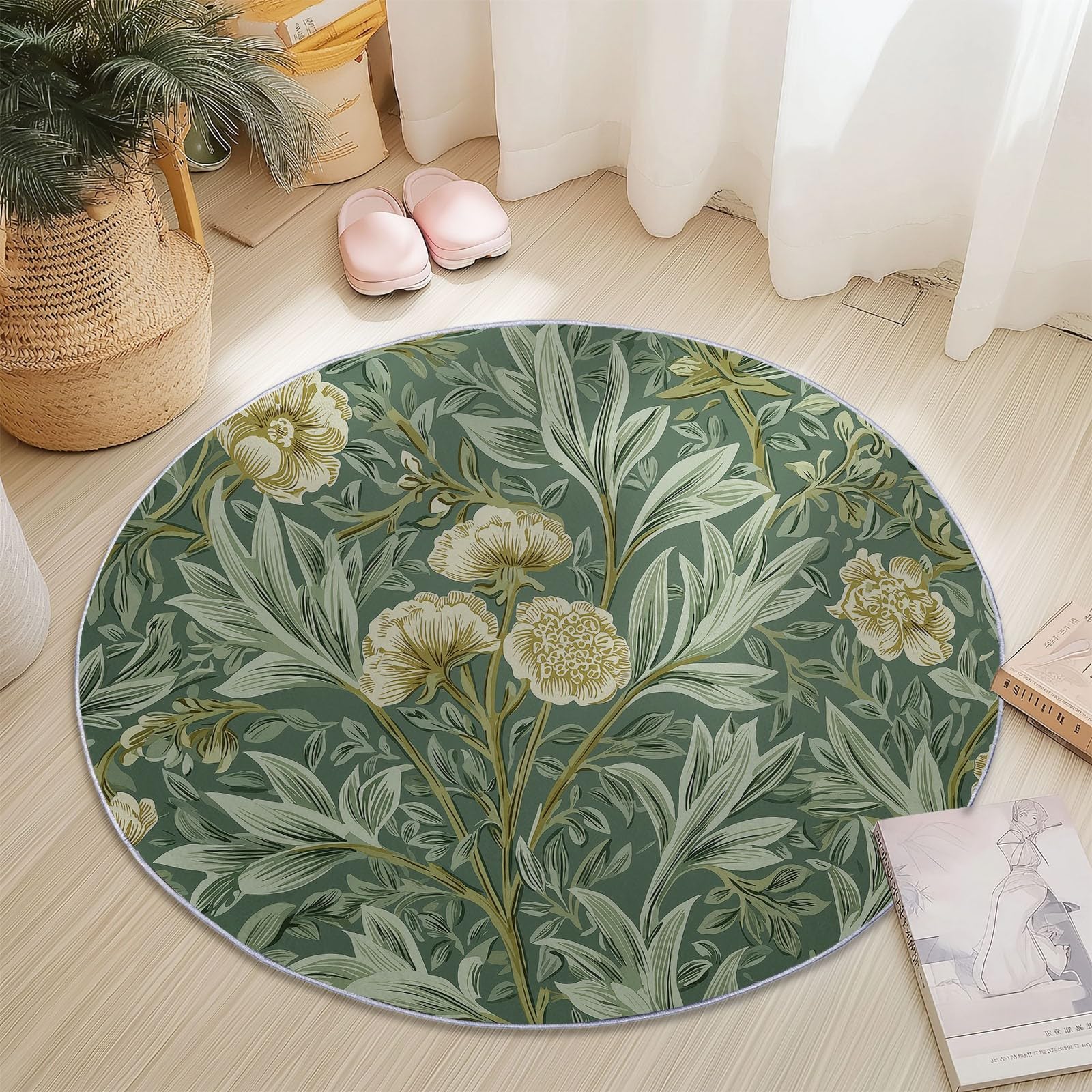 Salbeigrün Rund Teppich Wohnzimmer, William Morris Pflanzen Blumen, 160 cm Großer Weich Kurzflor Teppich Waschbar rutschfest für Esszimmer Küchen Schlafzimmer Studie Heimbüro