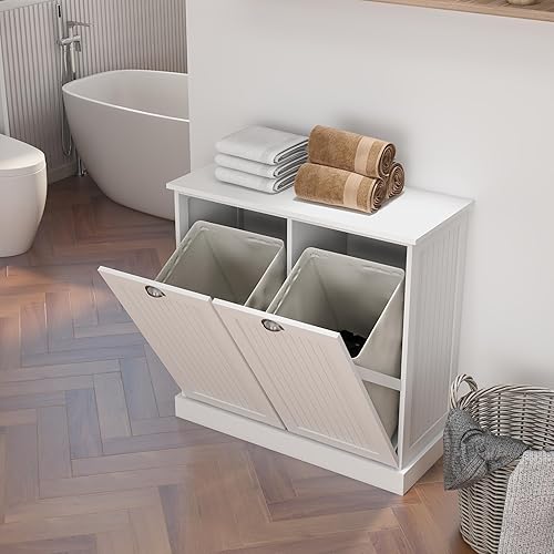 Miniatura 10 de RASOO Armario de basura de doble inclinación independiente, para clasificar la ropa de campo, armario de basura con mesa de madera maciza y 2 cajones