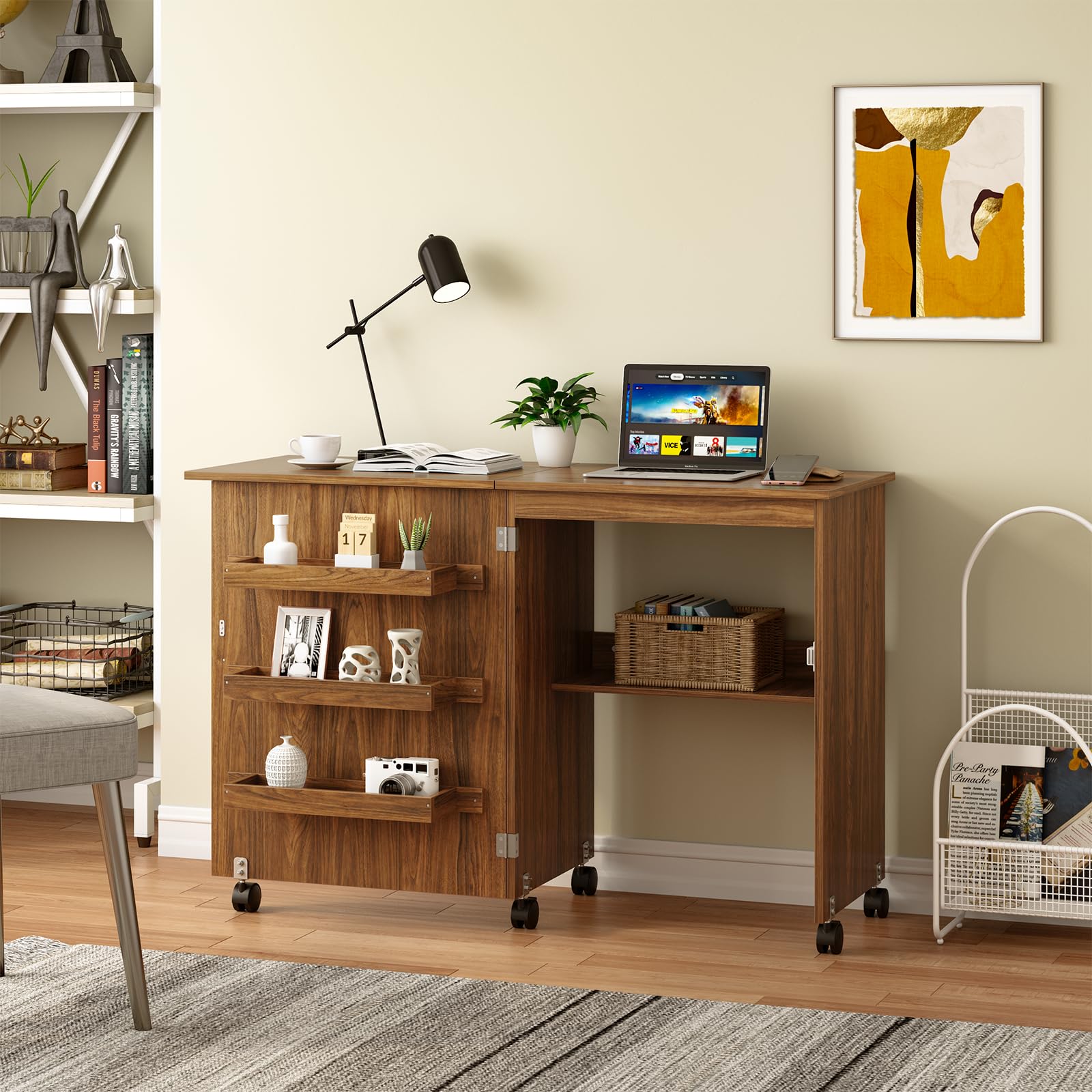 RELAX4LIFE Mesa de Costura Plegable con 5 Ruedas, 4 Estantes de Almacenamiento y Frenos, Mesa para Máquina de Coser de MDF, Mesa Multifuncional para Salón, Dormitorio, 118,5x40x79,5cm (Marrón)