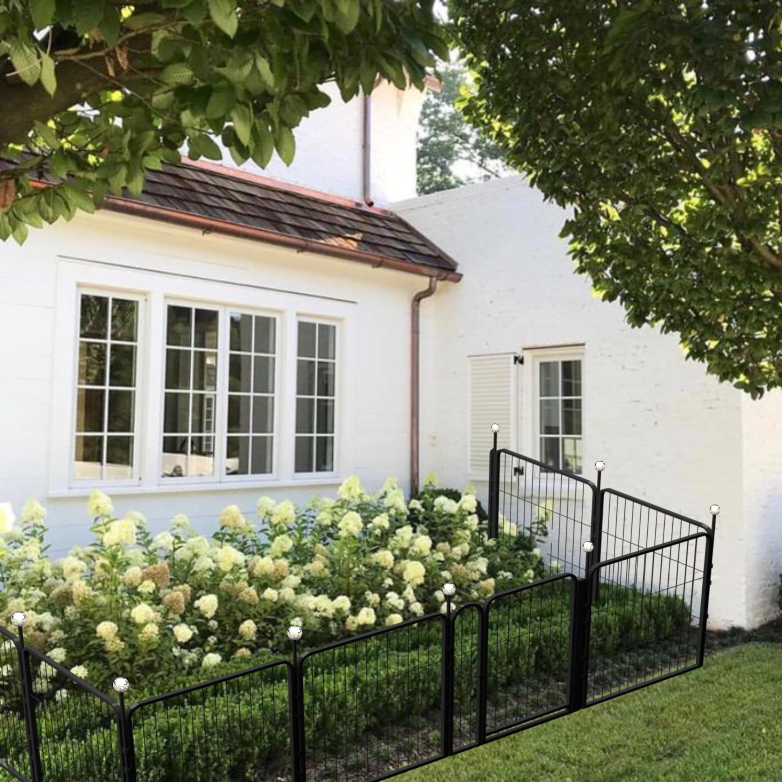 Decorative Garden Metal Fence with Gate Animal Barrier 24'' High,No Dig Dog Fence Outdoor for Yard,8.8ft Long Fence Panels for Rabbits Small Animals,Temporary Pool Fence (4 Panels + 4 Stakes)